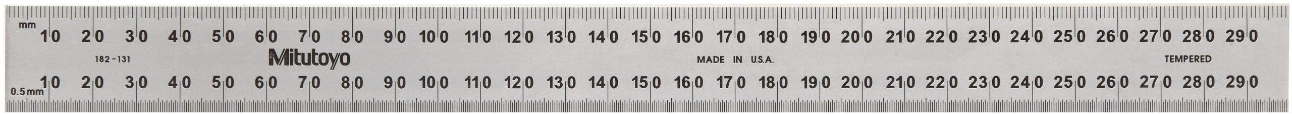 182-131, Steel Rule, 300mm (1mm, 0.5mm, 1mm, 0.5mm), 3/64" Thick X 25mm Wide, Satin Chrome Finish Tempered Stainless Steel