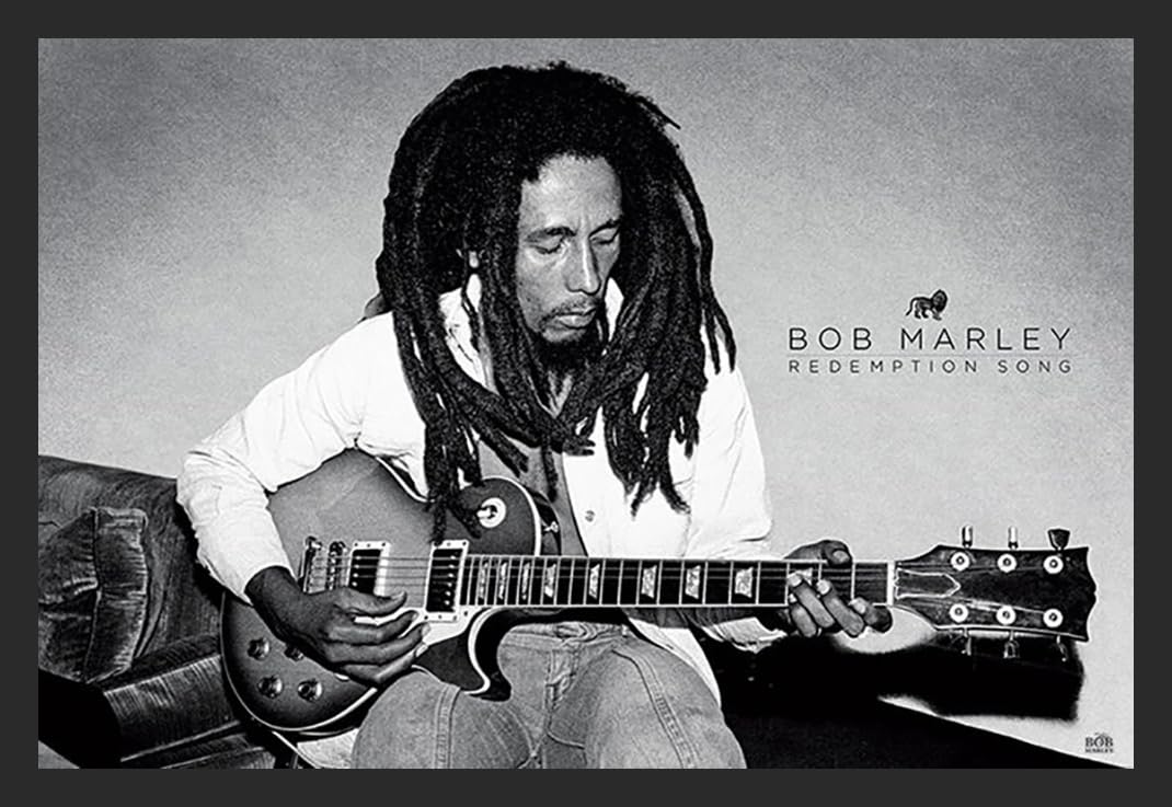BUY ART FOR LESS Poster artistico con cornice in bianco e nero di Bob Marley Redemption Song con licenza ufficiale, 61 x 91 cm, robusta cornice in legno con plexiglass, pronto da appendere
