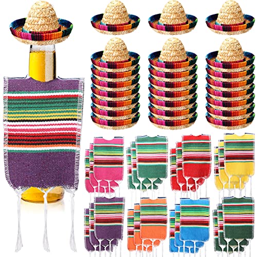 Panitay Tiny Sombrero Hats Mini Serapes for Bottles Colorful Beer Poncho Cover for Cinco De Mayo Mexican Fiesta Party Decoration(24 Sets)