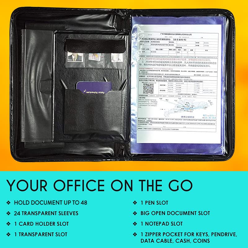 Image of OWT Multipurpose Leatherette Professional File Folders for Certificates, Documents Holder, Document Bag, Portfolio File, Executive File 24 Leafs Black Legal Size for Men & Women