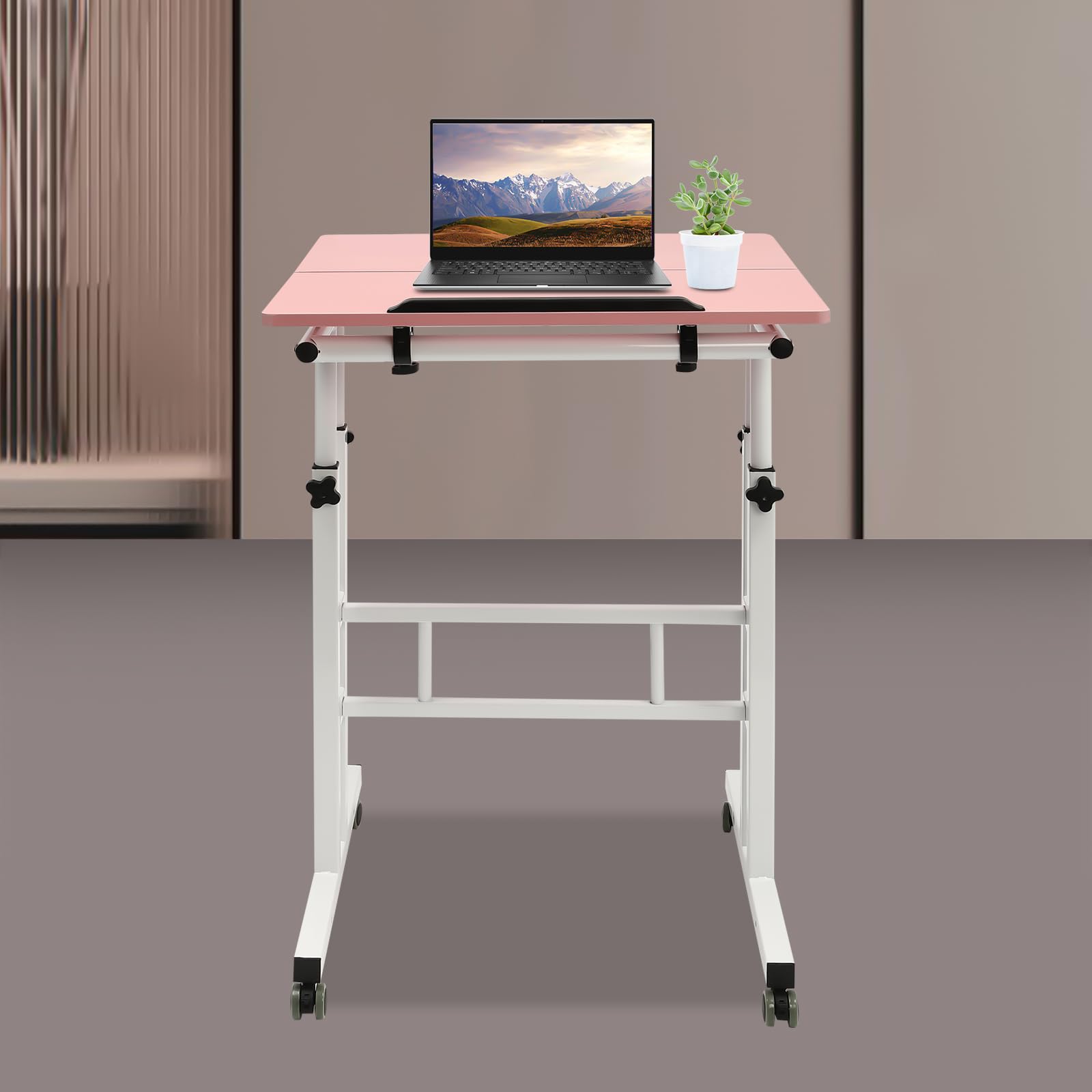 Height Adjustable Table Small Adjustable Standing Desk with Wheels Home Office Workstation Portable Rolling Desk Laptop Cart for — view 6