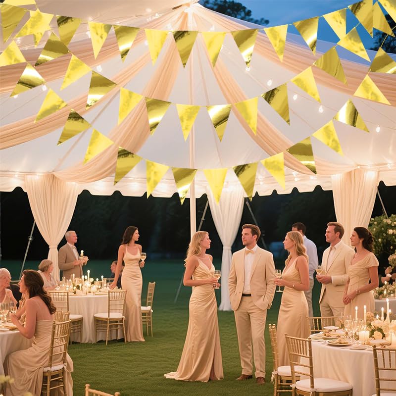 Image of Gold Hanging Triangle Flag Pennant Garland Gold Hanging Paper Pennant Streamer Paper Triangle Flag Bunting Banner for Graduation Wedding Engagement Birthday Party Decorations 30 Feet
