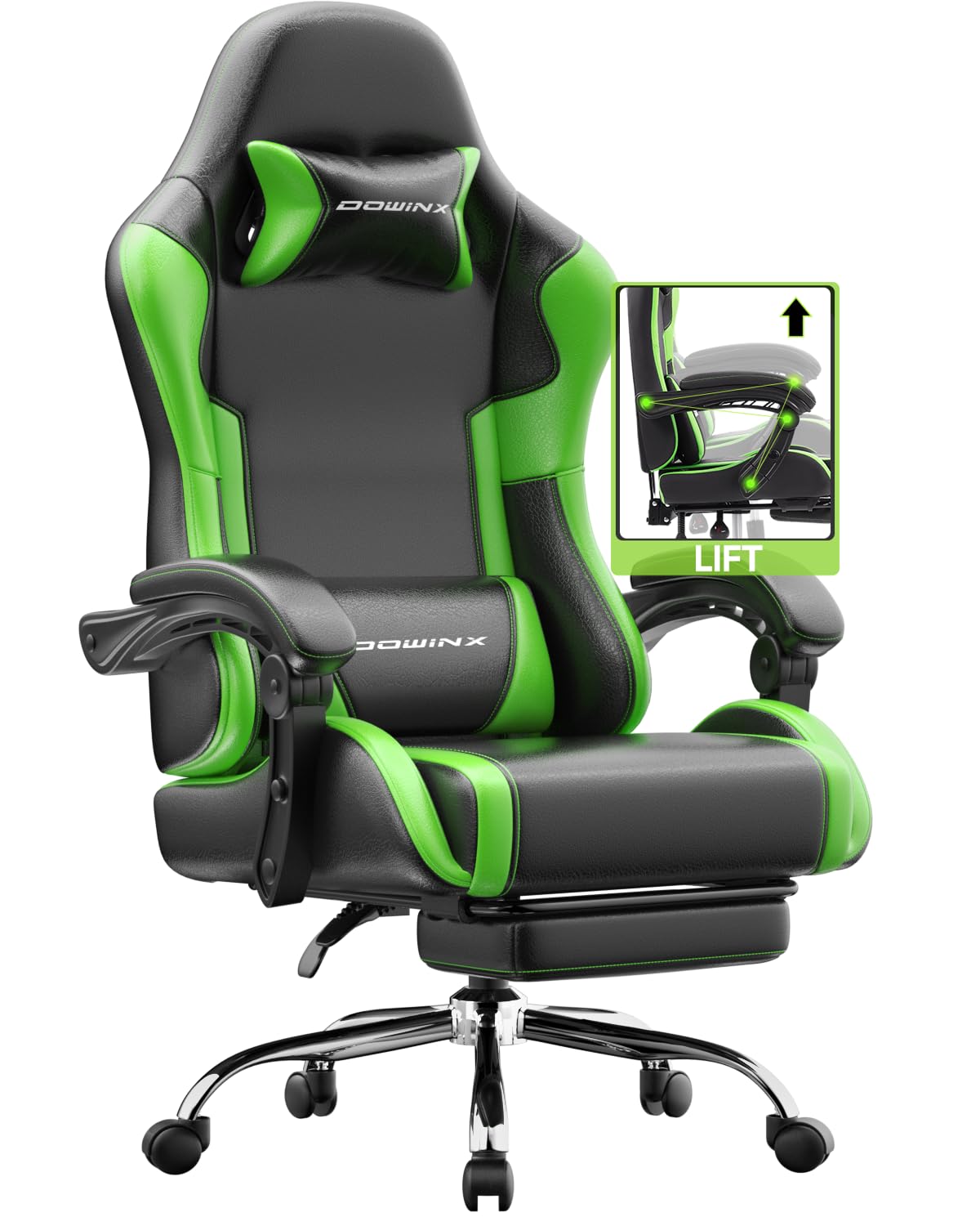 Dowinx Gaming Stuhl Bürostuhl Massage Gaming Sessel mit höhenverstellbaren Linkage-Armlehnen, ergonomischer Gamer Stuhl mit Fußstütze, gepolstert Gaming Chair 150° neigbar bis 180 kg, Grün