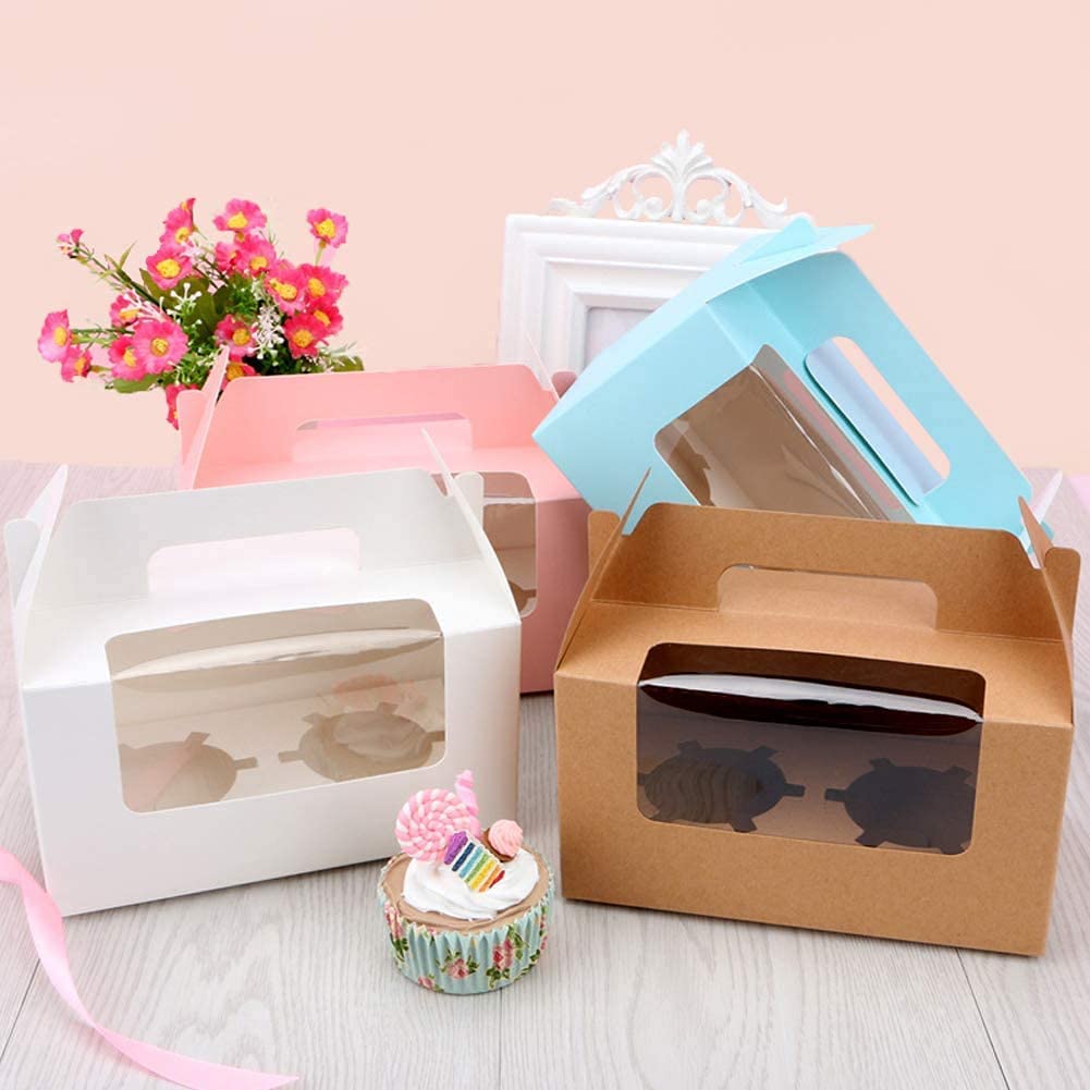 10 Pack 2 Holders Cupcake Boxes, Cupcake Wrappers with Insert and Display Window, Cupcake Carrier Holder Dessert Cups for Cupcakes, Muffins, Bakery Wrapping (Kraft) Size 7 * 5.5 * 3.5inch