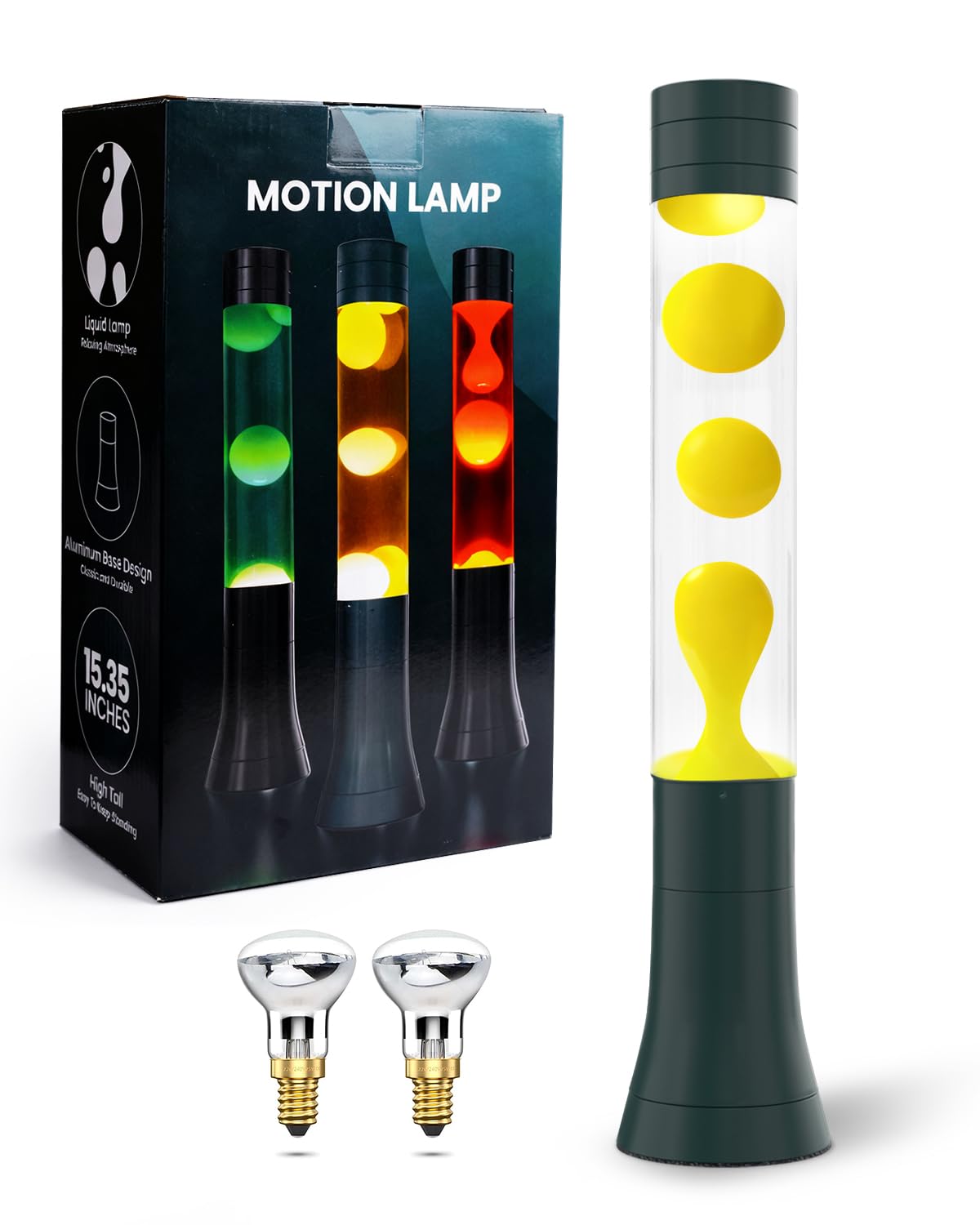 BrightWish Retro Liquid Motion Lamp 15.35”, Vintage Night Lamp, Yellow Wax, Clear Liquid, Green Base and Cap, 2 R39 E14 Bulb Included, Relaxing Mood Light for Home Decor, Christmas, Party