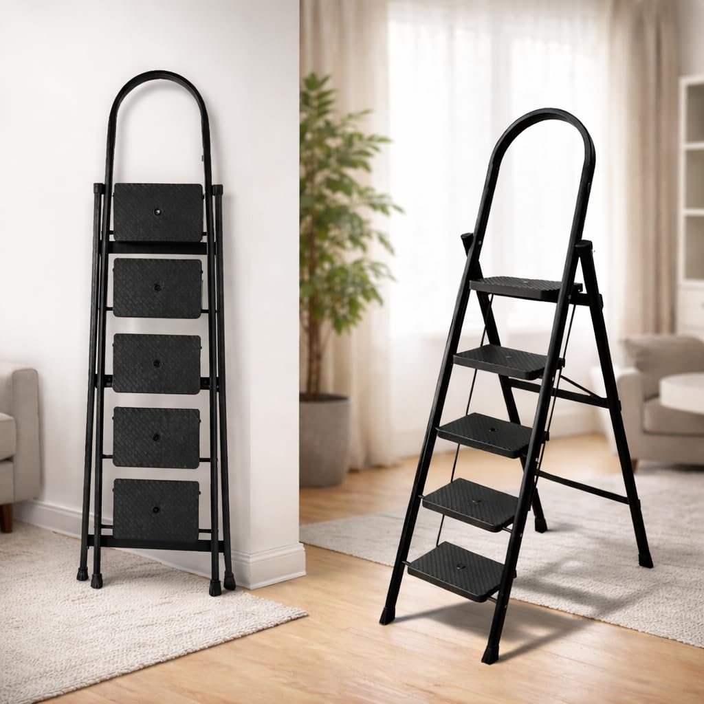 HOUZA Steel Ladder for Home 5 Steps Foldable with Anti-Skid Wide Steps (30cm x 20cm) | 5 Step Ladder for Home Use with D-Shape Rods | Secure Lock | 150 Kg Capacity Folding Ladder | 5 Year Warranty