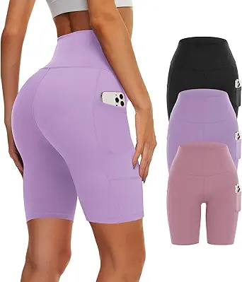 3 Pack Biker Yoga Shorts with Pockets for Women, High Waist Tummy Control Workout Running Gym