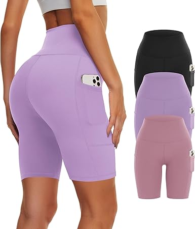 3 Pack Biker Yoga Shorts with Pockets for Women, High Waist Tummy Control Workout Running Gym