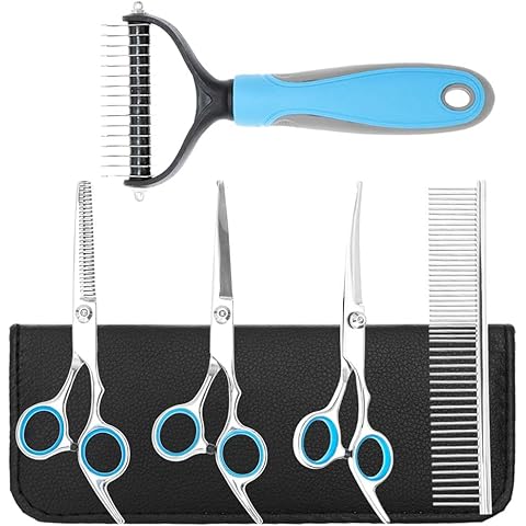 Fellschere mit Sicherheits-Rundspitze - Harkenbürste für Hunde - Haustier Edelstahl Fellpflegekamm 5 in 1 Pet Grooming Kit - Effilierende, gerade gebogene Schere für Hunde und Katzen Cover