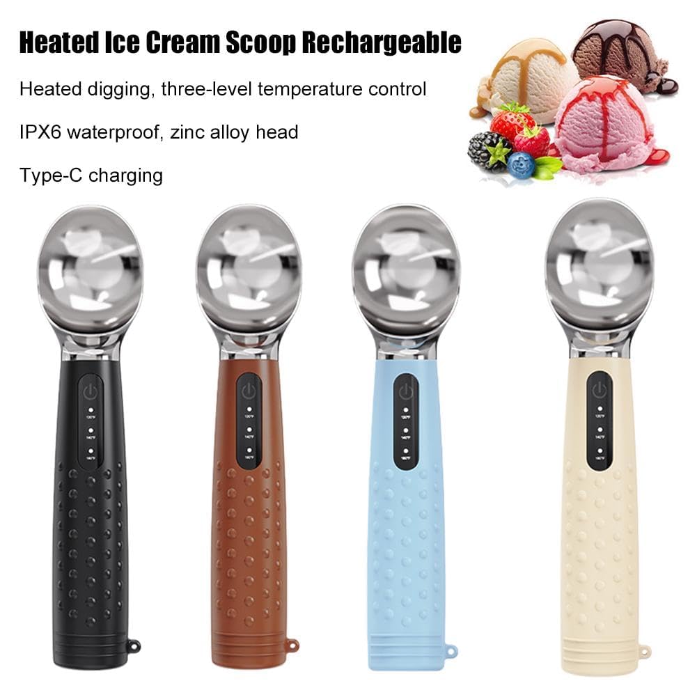 Cuillère à glace chauffante, rechargeable, 3 modes de température, affichage LED, chauffage rapide jusqu'à 71,1 °C, étanche, poignée ergonomique en silicone pour crème glacée dure et desserts