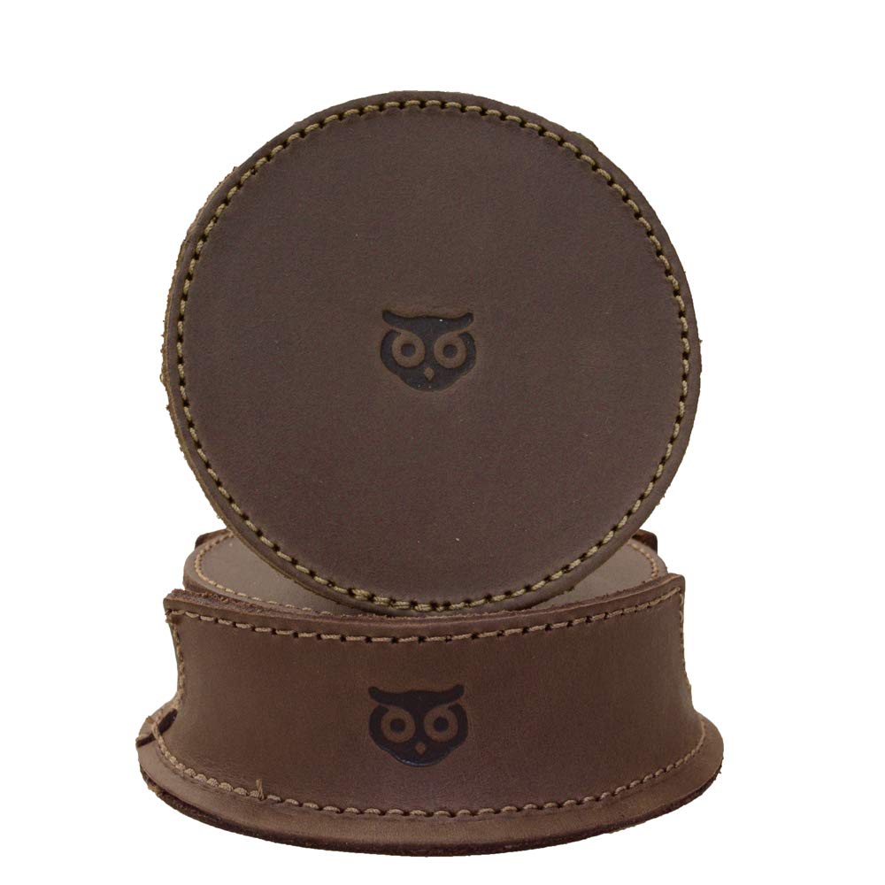Hide & Drink, Durable Thick Leather Owl Coasters with Stitching (6-Pack) Wood Furniture, Coffee & Kitchen Table, Home & Office Essentials Handmade Includes 101 Year Warranty :: Bourbon Brown