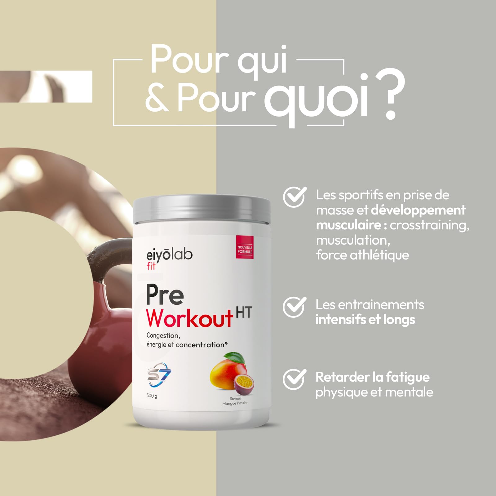 PRE WORKOUT HT | Booster Musculation sans Créatine | 3g de Bêta-Alanine + 3g d'Arginine + 4g de Citrulline + 200mg de Caféine + S7 | Énergie + Congestion Musculaire | 500g | Mangue Passion | Eiyolab