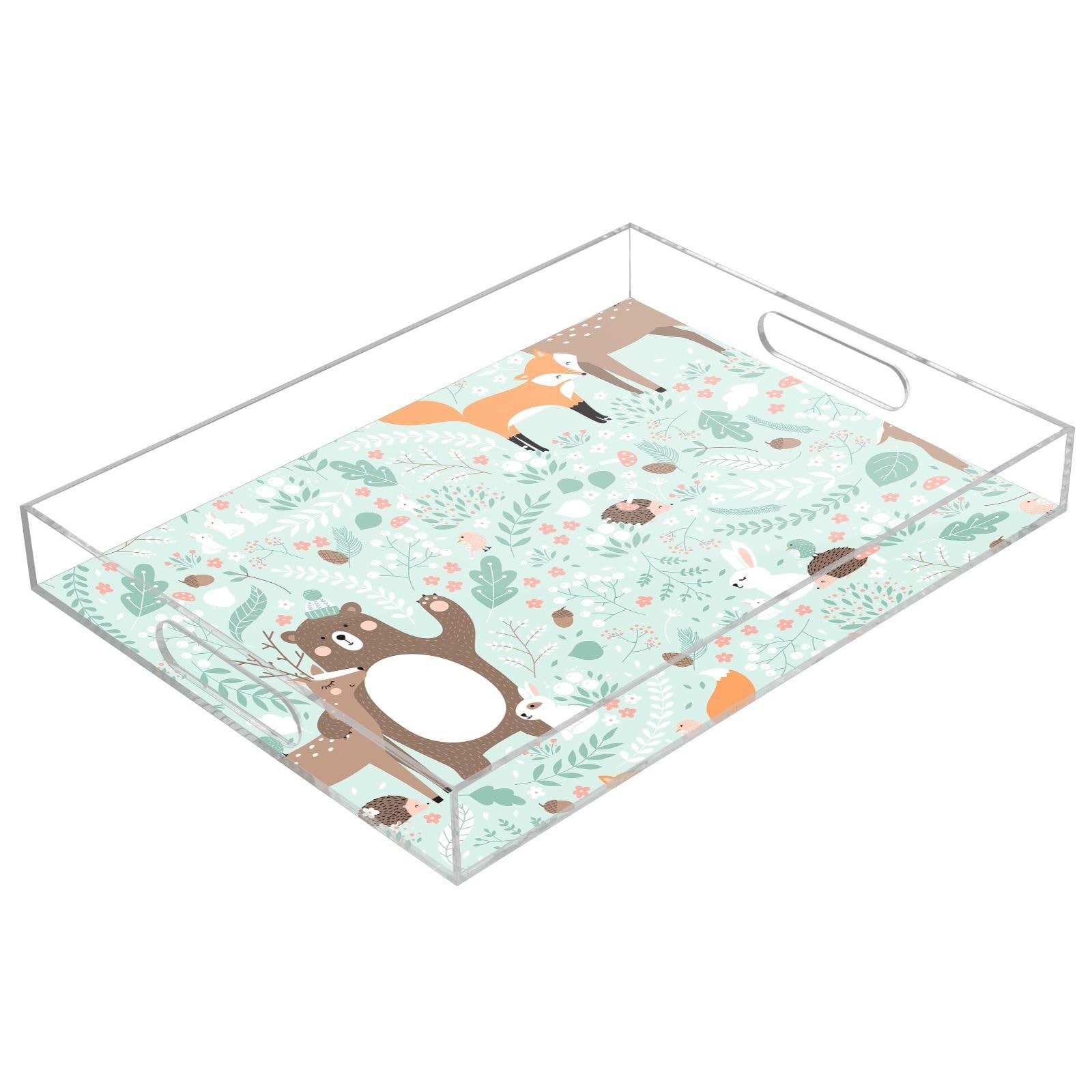 Bandeja transparente personalizada con ilustración de animales, bandejas acrílicas para servir con asas, bandeja de acrílico para mesa de café, bandeja de servir a prueba de derrames, transparente, 16