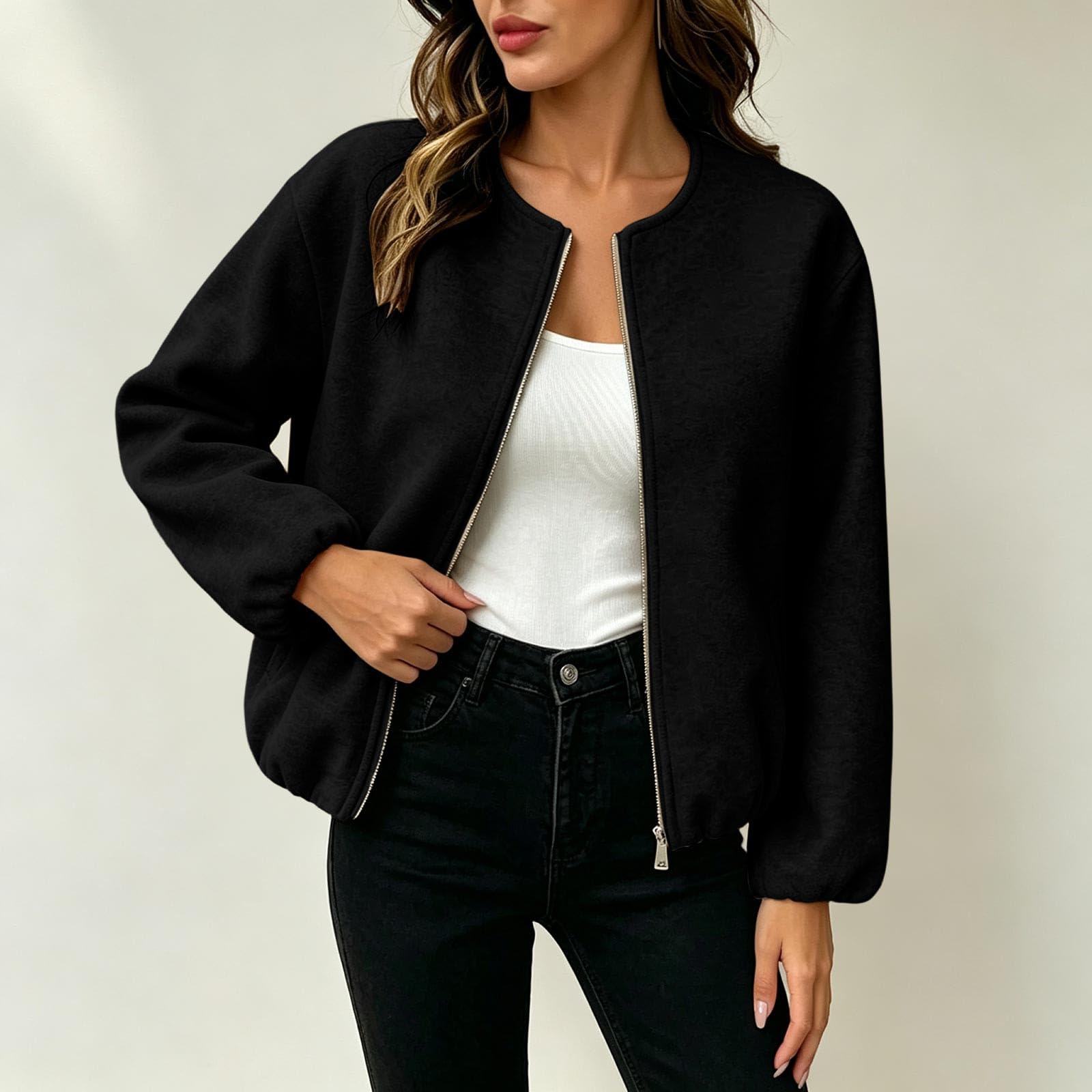 Bomberjacke Damen Blouson Jacke Kurz Übergangsjacke Rundhalsausschnitt