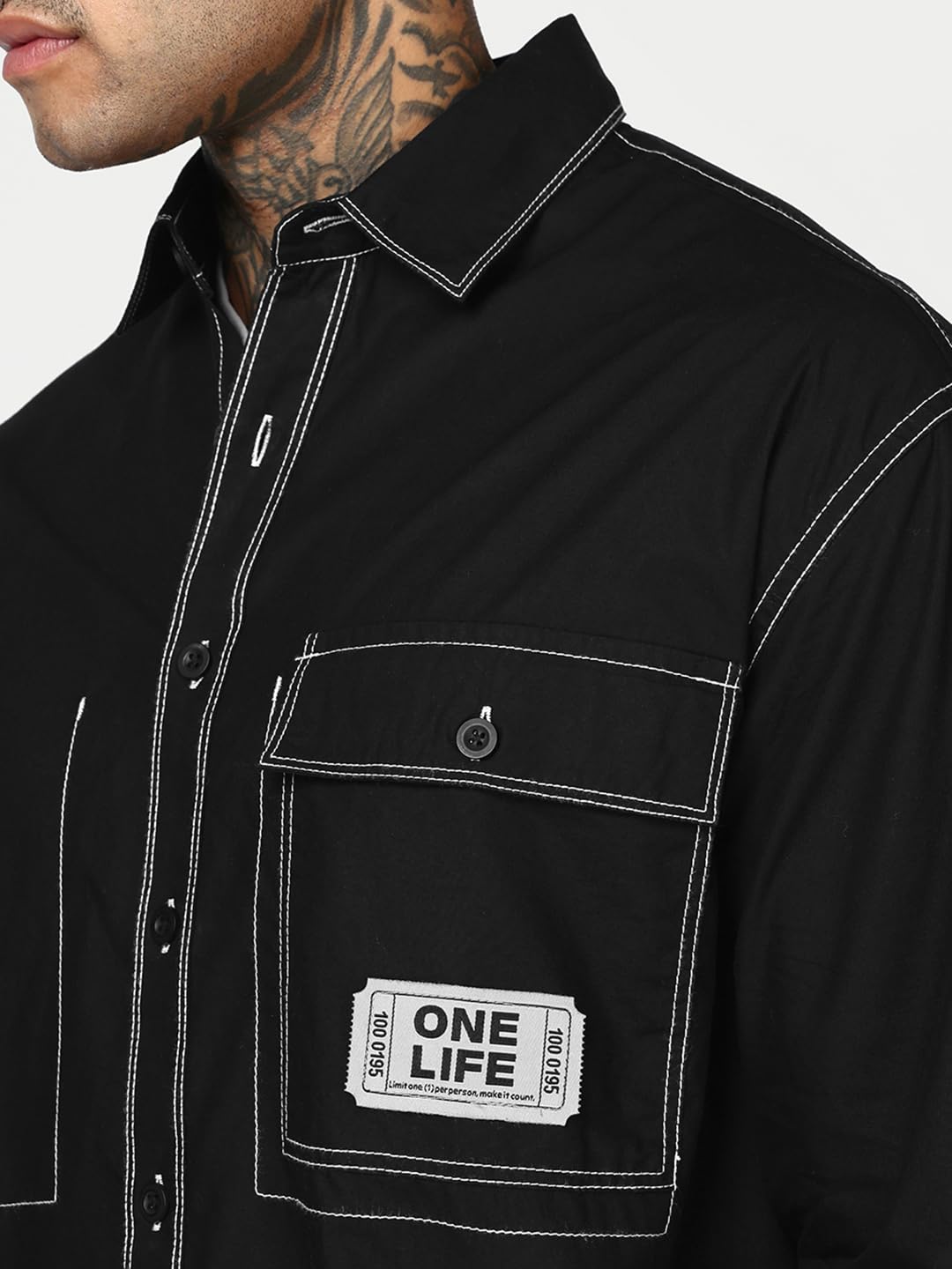 Bewakoof Camicia da uomo in popeline con colletto a maniche lunghe oversize