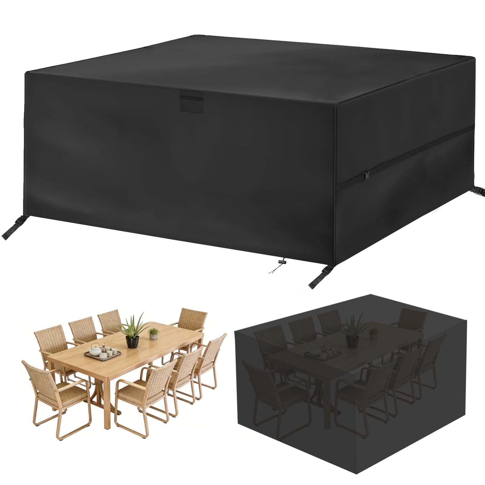 Copertura per Mobili da Giardino, 250 x 250 x 90 cm, Impermeabile Tessuto Oxford 420D Antivento Anti-UV Copertura Tavolo Esterno con Prese d'Aria, per Mobili da Giardino, Divano, Nero