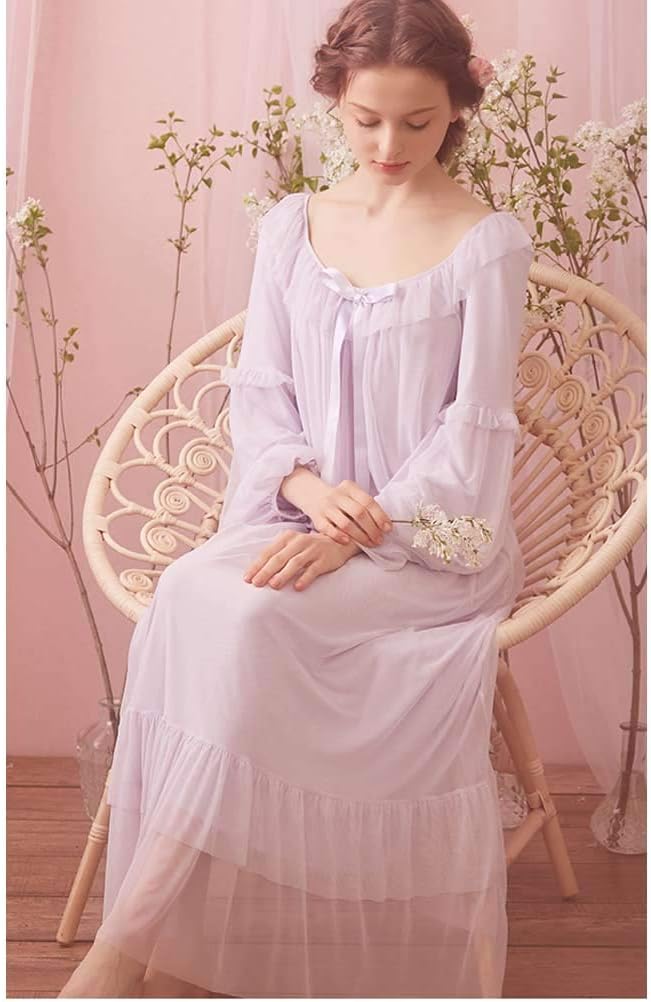 Women's Vintage Victorian Nightgown Long Sleeve Sheer Sleepwear Pajamas Nightwear Lounge Dress