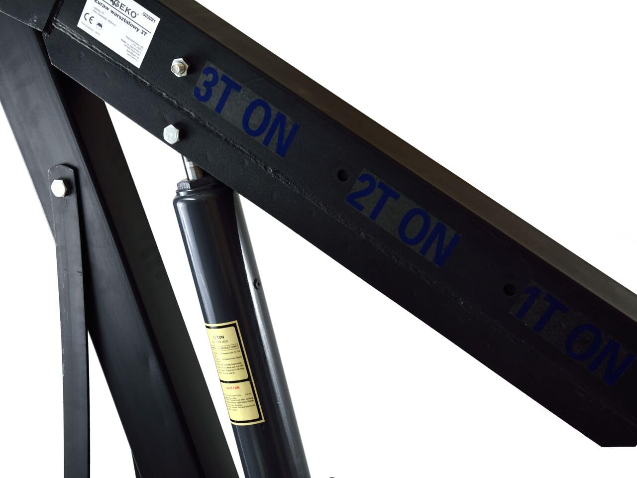 Close-up of the crane boom showing load capacity markings for 3 Ton, 2 Ton, and 1 Ton.