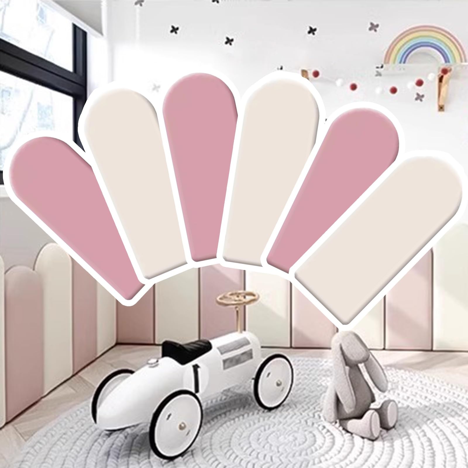 Cabeceros infantiles Panel Tapizado Acolchado De Pared Rosa Para Dormitorio De Niñas, Cabecero Tapizado Anticolisión De 3,5 Cm De Espesor Para Niños Con Autismo, 40 50 60 Cm Alto Paneles Autoadhesivos