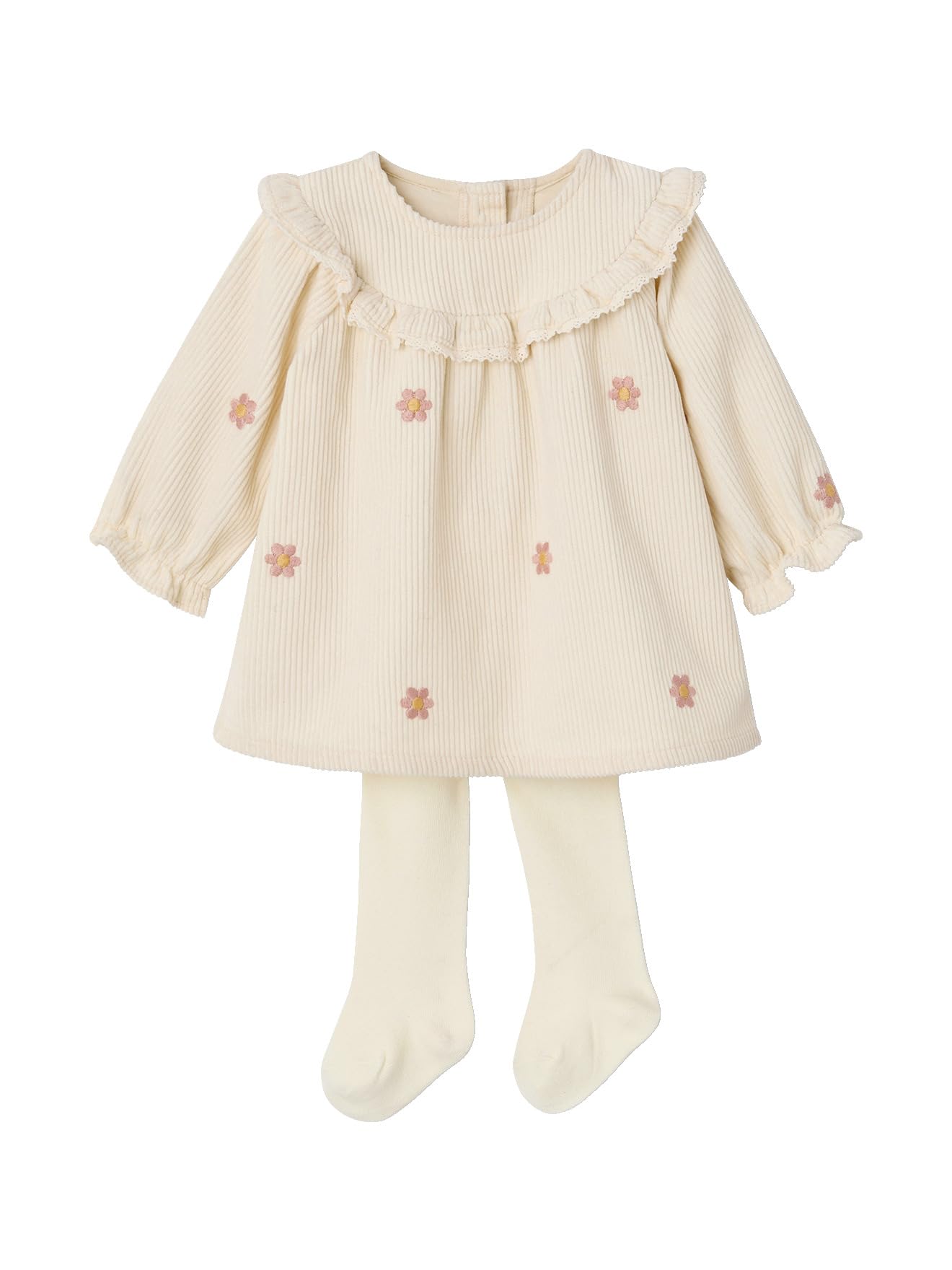 Vertbaudet Baby-Set aus Cord-Kleid mit Blumenstickerei und Strumpfhose