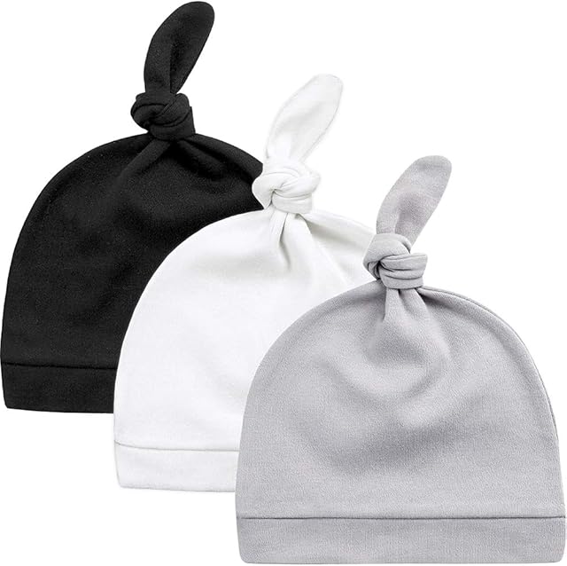 KiddyCare Newborn Hat/Baby Hats 0-6 Months GOTS Organic Cotton Baby Hats Newborn Baby Girl/Baby Boy - Baby Essentials for Newborn, Perfect (Black, Grey, White)