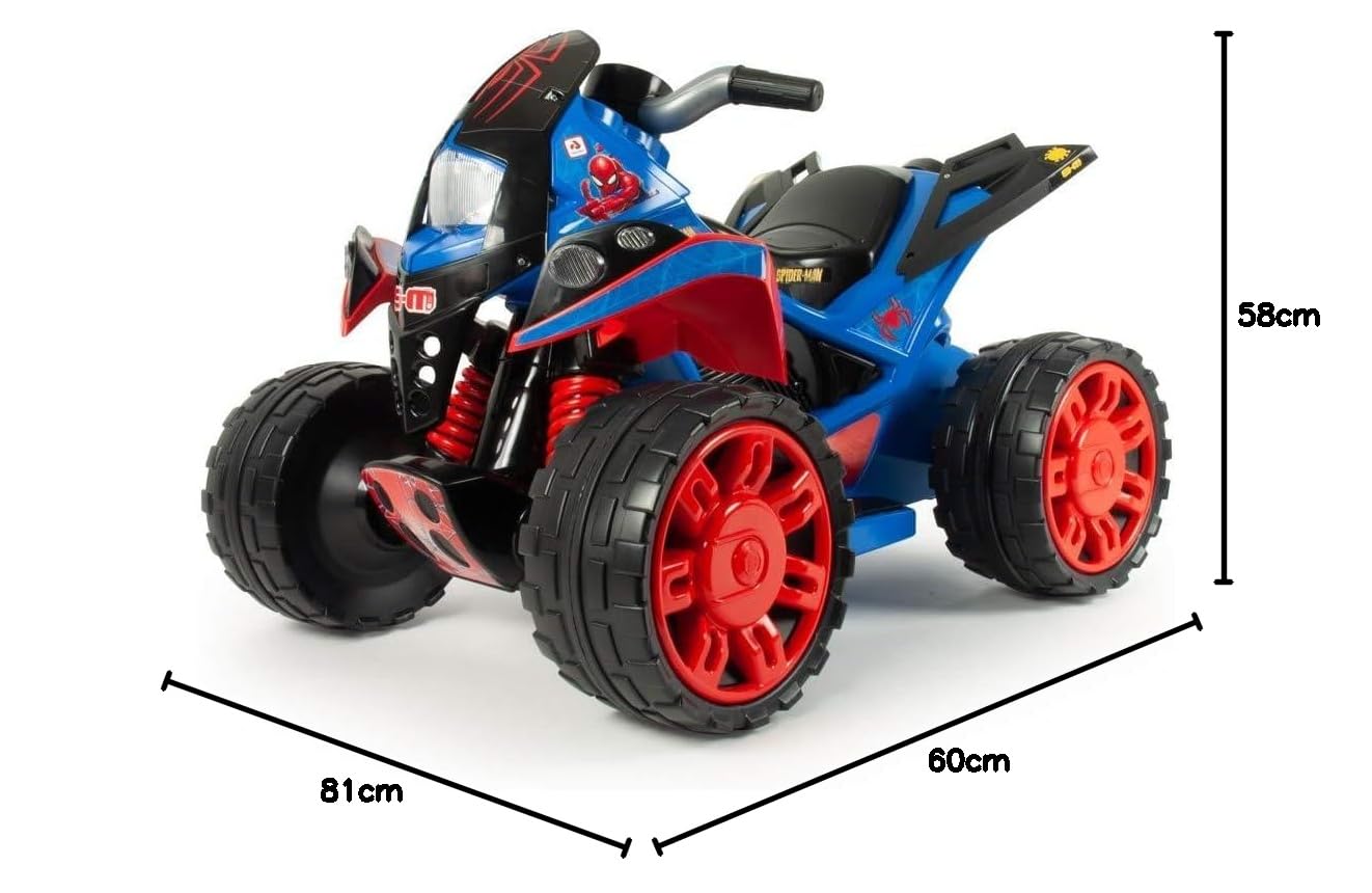 INJUSA - Quad elektryczny The Beast Spiderman, dla dzieci od 2 do 4 lat, akumulator 12 V, pedał przyspieszenia, bieg wsteczny i plastikowe koła, maksymalna prędkość 6 km/h, kolor niebieski
