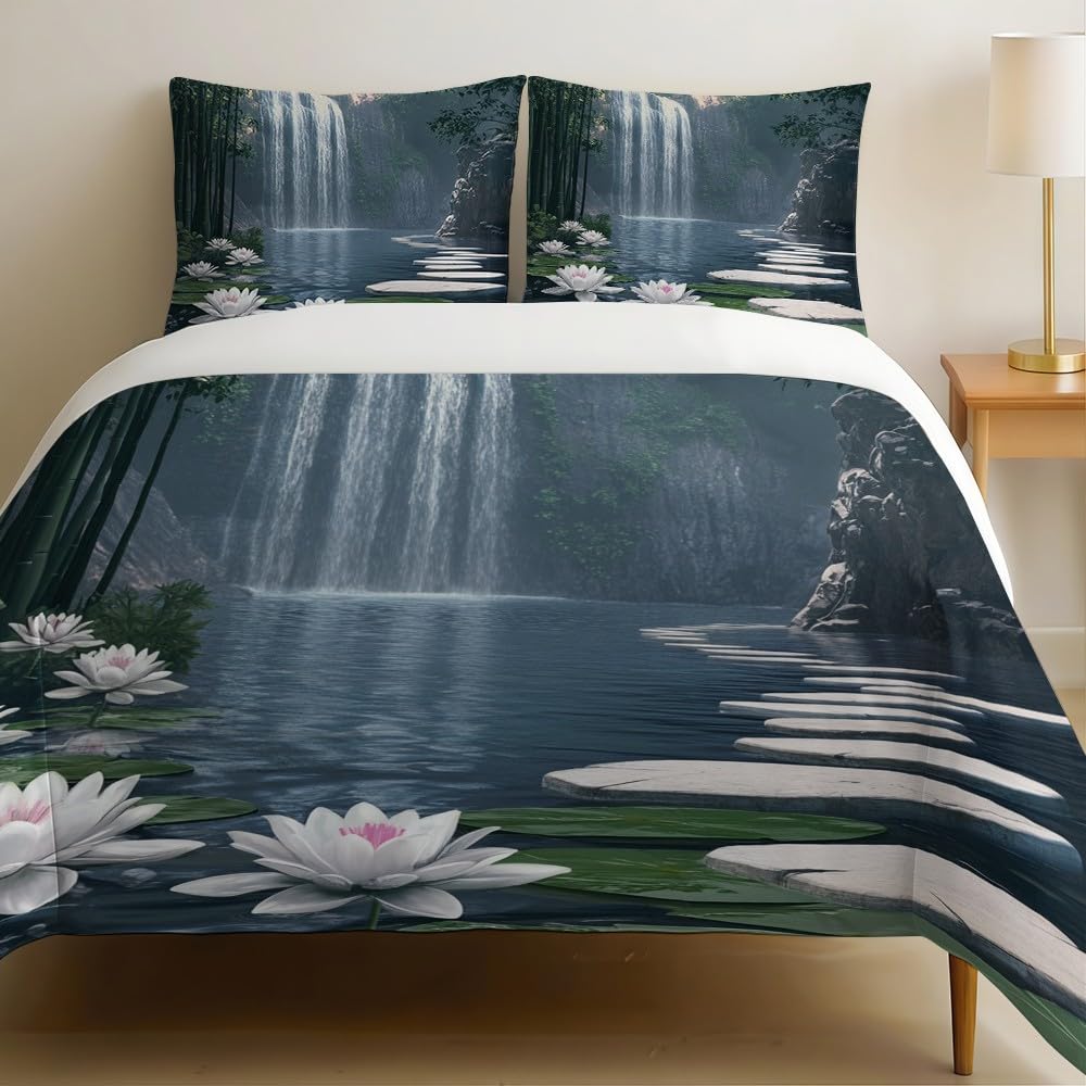 Housse de couette 200x200 cascade 3D en microfibre avec ses 2 taies d'oreiller