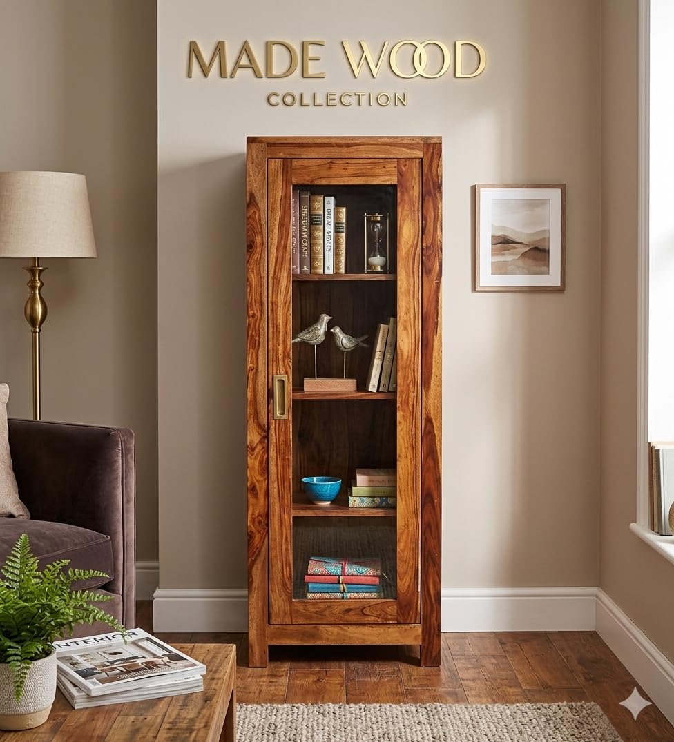 MADE WOOD Bookshelf with Glass Door for Home Library Solid Wood Bookcase Kitchen Crockery Cabinet Display Rack Book Shelf Already Assembled Living Room Bedroom [Honey Sheesham Wood]-image-19