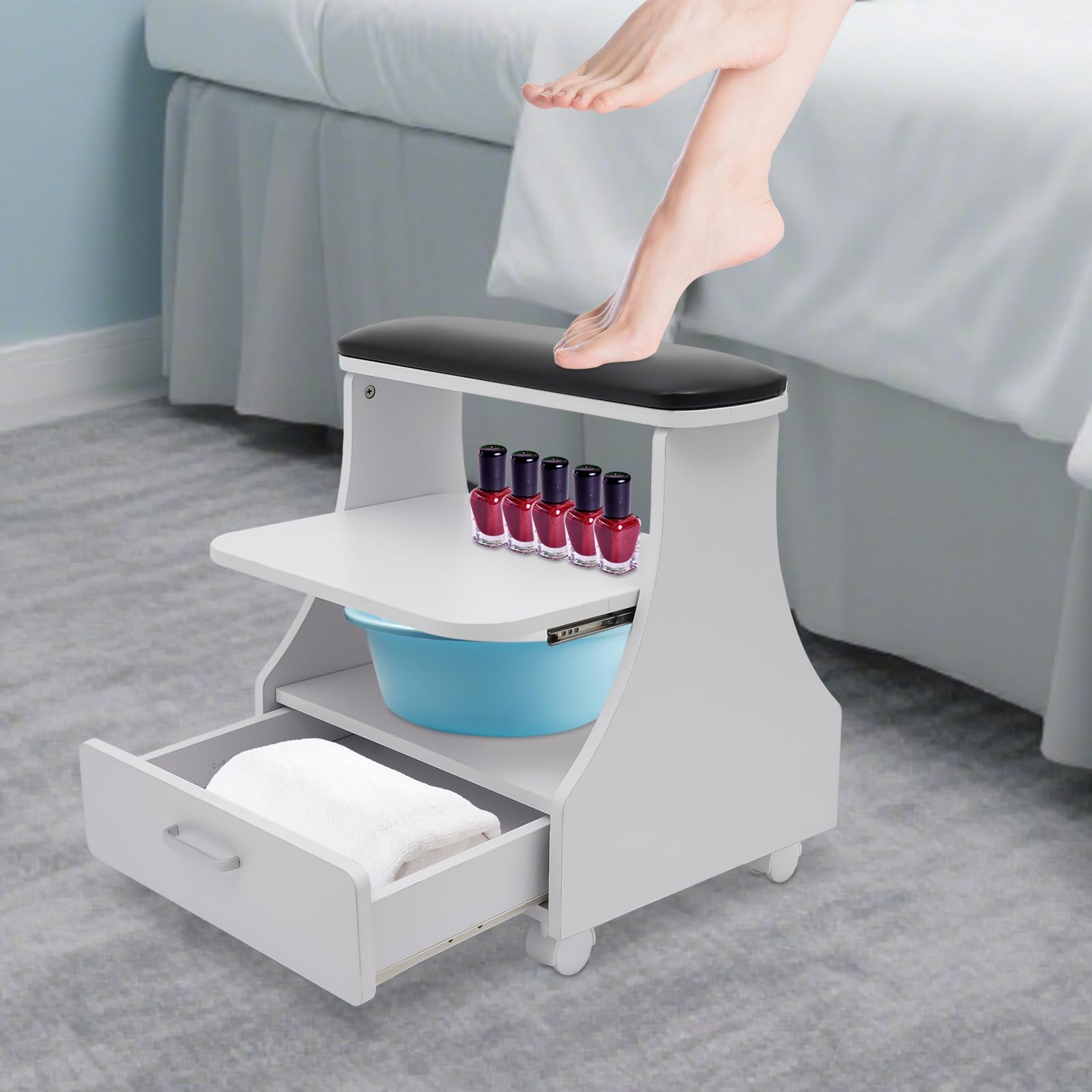 Podnóżek, podnóżek z kółkami, podnóżek, pedicure, wózek do manicure z szufladą, podpórka pod nogi do pielęgnacji paznokci, stojak do salonu piękności, 52 x 41 x 55 cm (czarny)