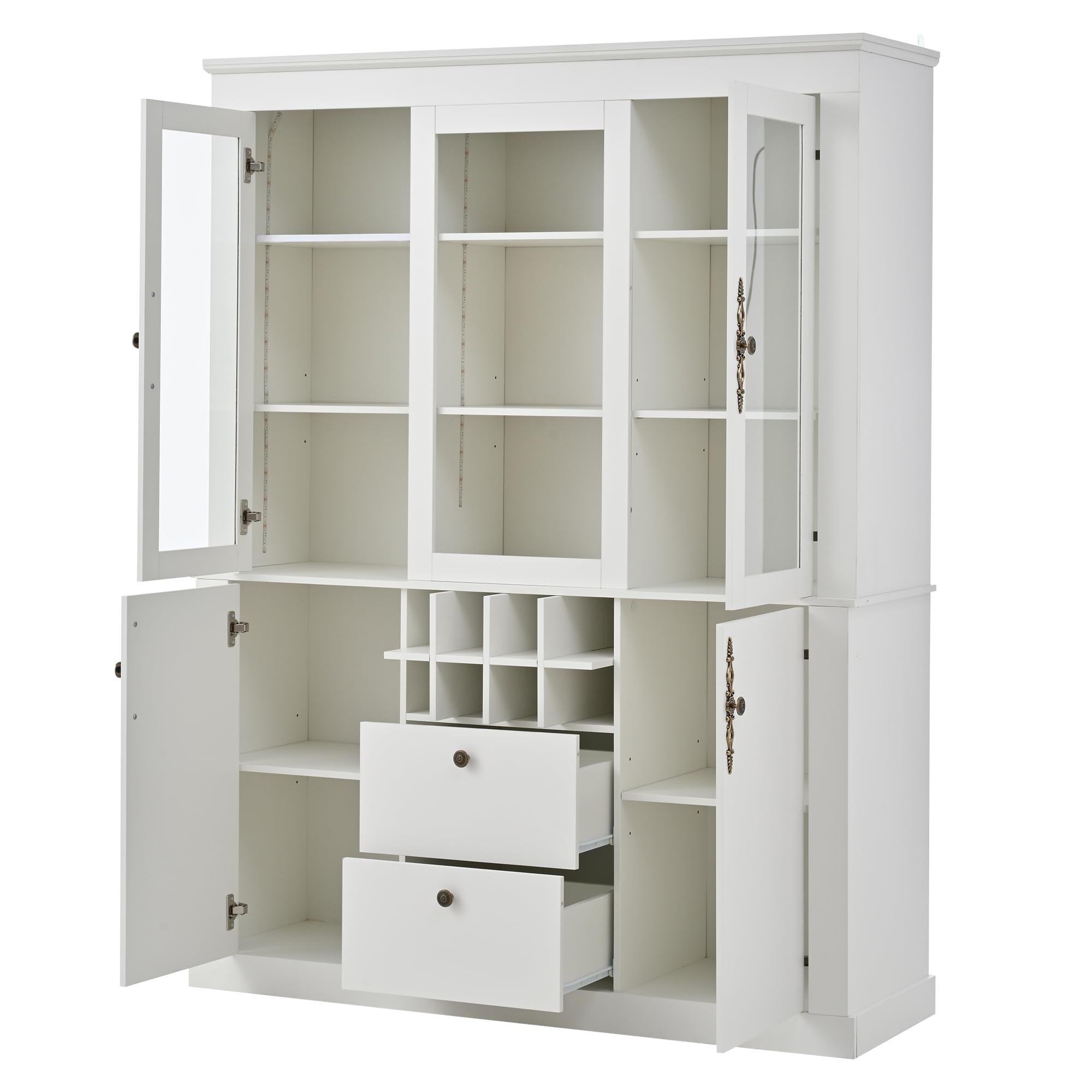 Vitrina de 130 x 37,5 x 170,5 cm, vitrina de pie con 2 cajones, 4 puertas de armario, vitrina de cristal con LED, armario de salón de 130 cm de ancho, armario multifunción con 8 estantes para