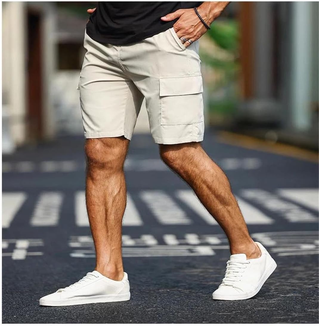 Men Summer Solid Color Drawstring Elastic Waist Loose Fit Lightweight Cargo Shorts