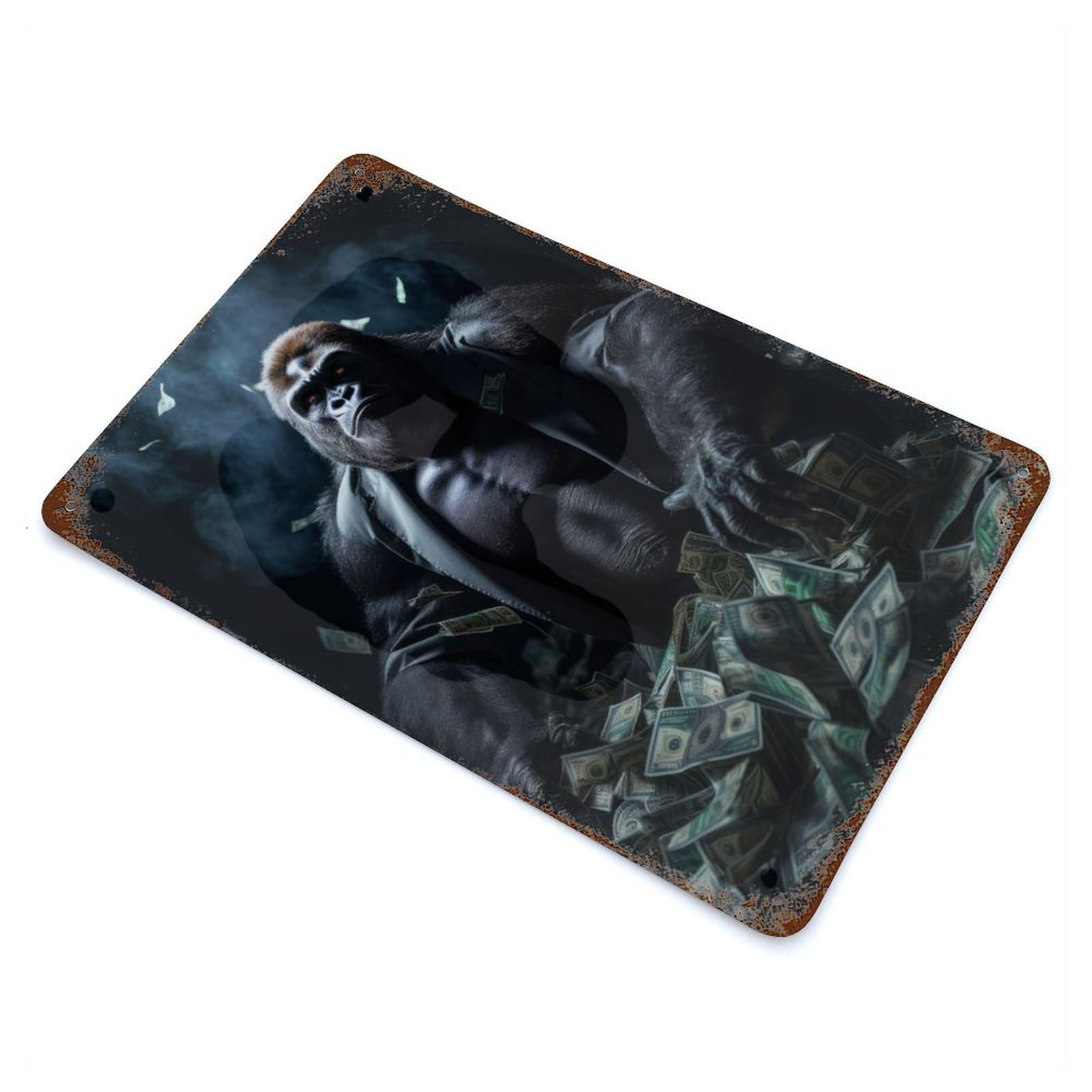 Gorilla Money Dollar Bills Rustic Tin Plaque 11.8"x7.9", for Living Room, Hallway And Home Decor, Decorative Metal Wall Art