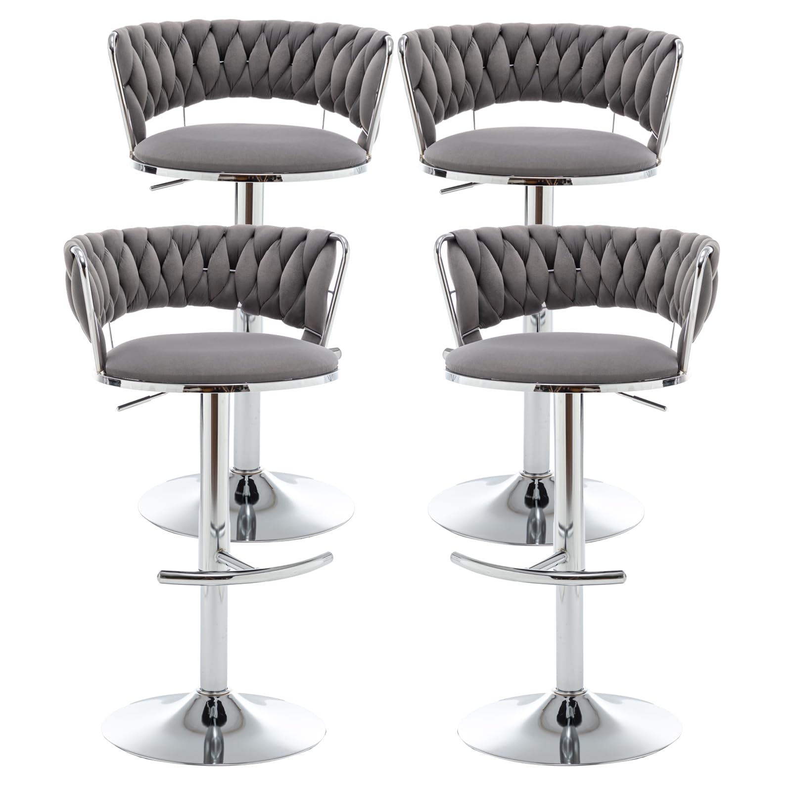 Reyxzoe Velvet Bar Stools Set of 4, Modern Swivel Barstools with Woven Backrest, Adjustable Counter Stools for Kitchen Island, Dining Room, Cafe, Pub