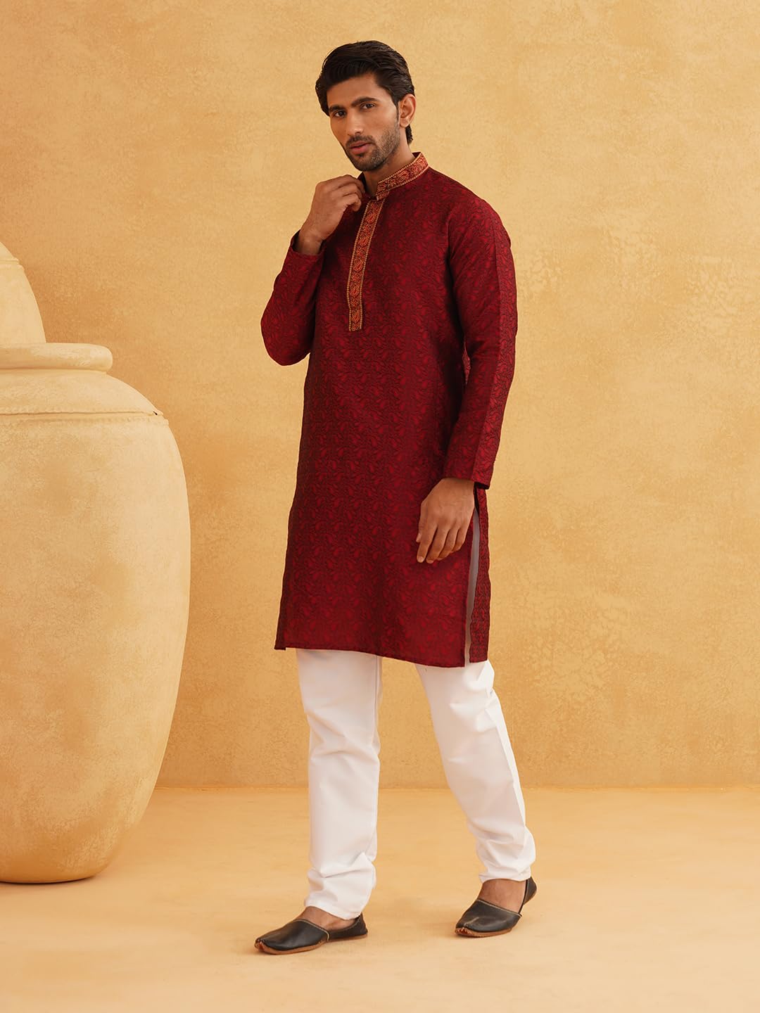 Sojanya (Since 1958 Men's Silk Blend Maroon Color Only Long Kurta With Neck Embroidery