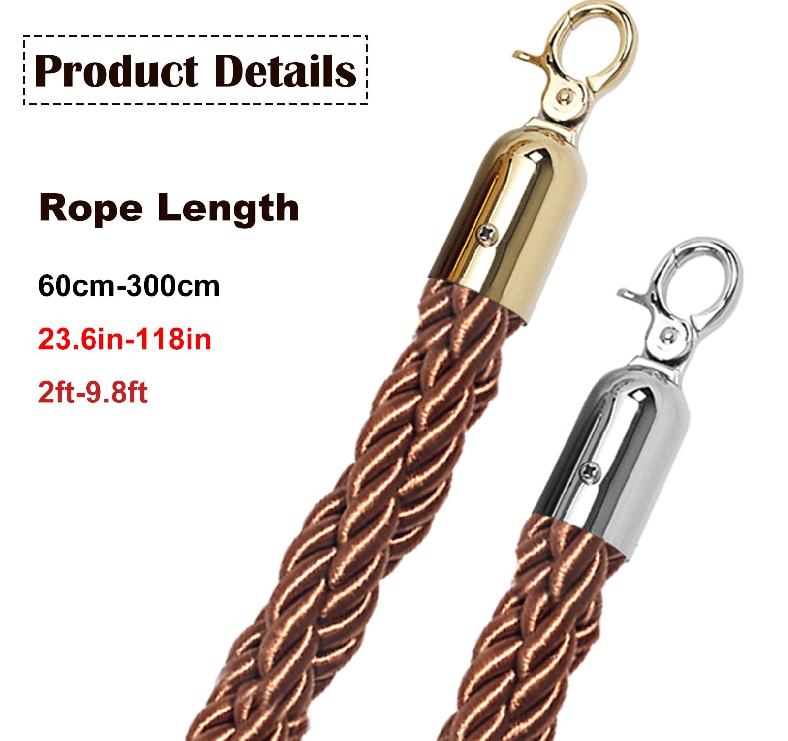 Lot de 2 Cordes Marron pour poteaux - 3,2 cm d'épaisseur, avec système Anti-accrochage, idéales pour la sécurité événementielle, Les Halls d'exposition, etc.
