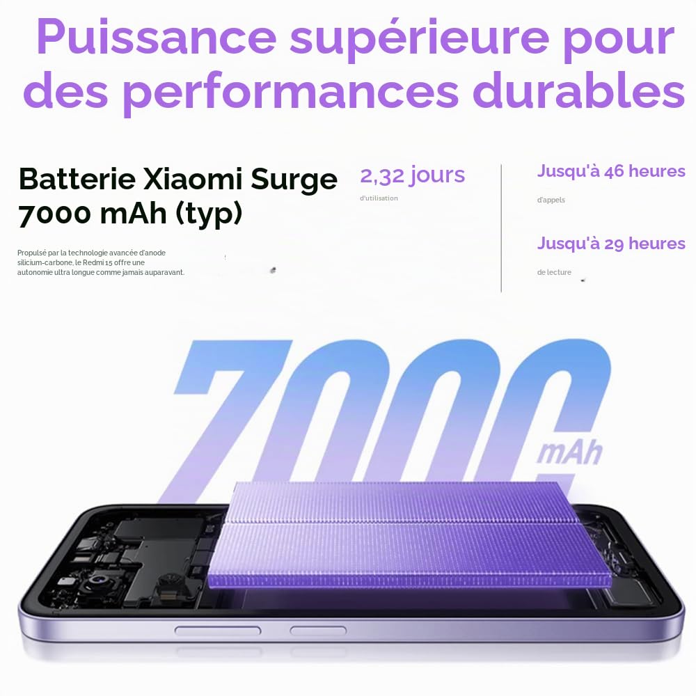 XIAOMI REDMI 15 Téléphone Portable, 6 Go+128 Go, écran 6,9" FHD, Violet, 7000 mAh, Charge Rapide 33 W, 144 Hz AdaptiveSync, Double caméra AI 50 MP, avec Chargeur, sans NFC, Android 15