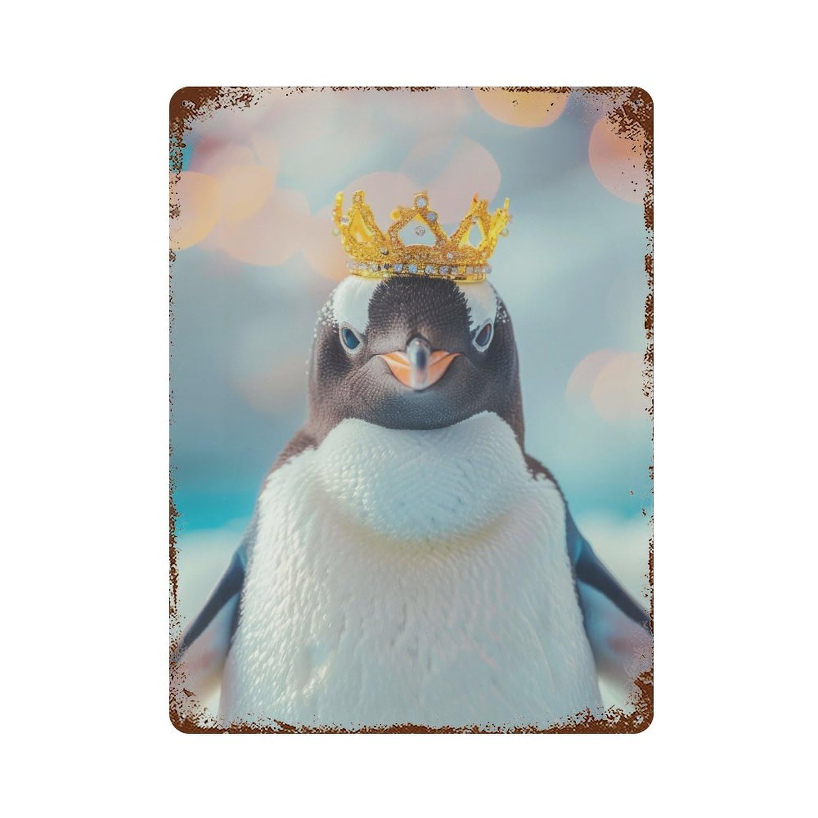 Distressed Metal Wall Sign with Penguin Pastel Crown Design 15.7"x11.8", for Farmhouse, Kitchen And Entryway Decor, Old School Wall Decor