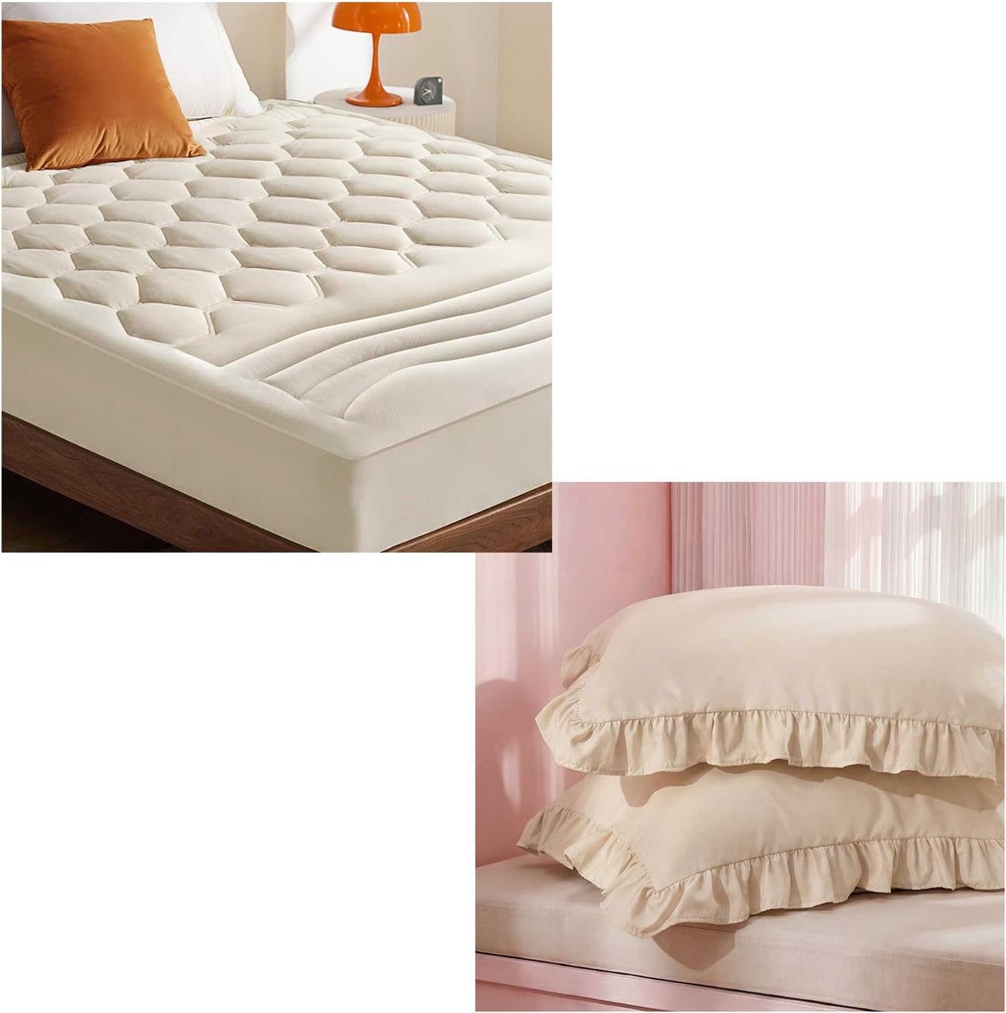 Bedsure Beige Twin XL Mattress Pad Bundle Ruffle Pillow Cases 2 Pack, Pillow Shams Standard Size, Double Brushed Microfiber Ruffled Pillow Covers with Envelope Closure, Beige