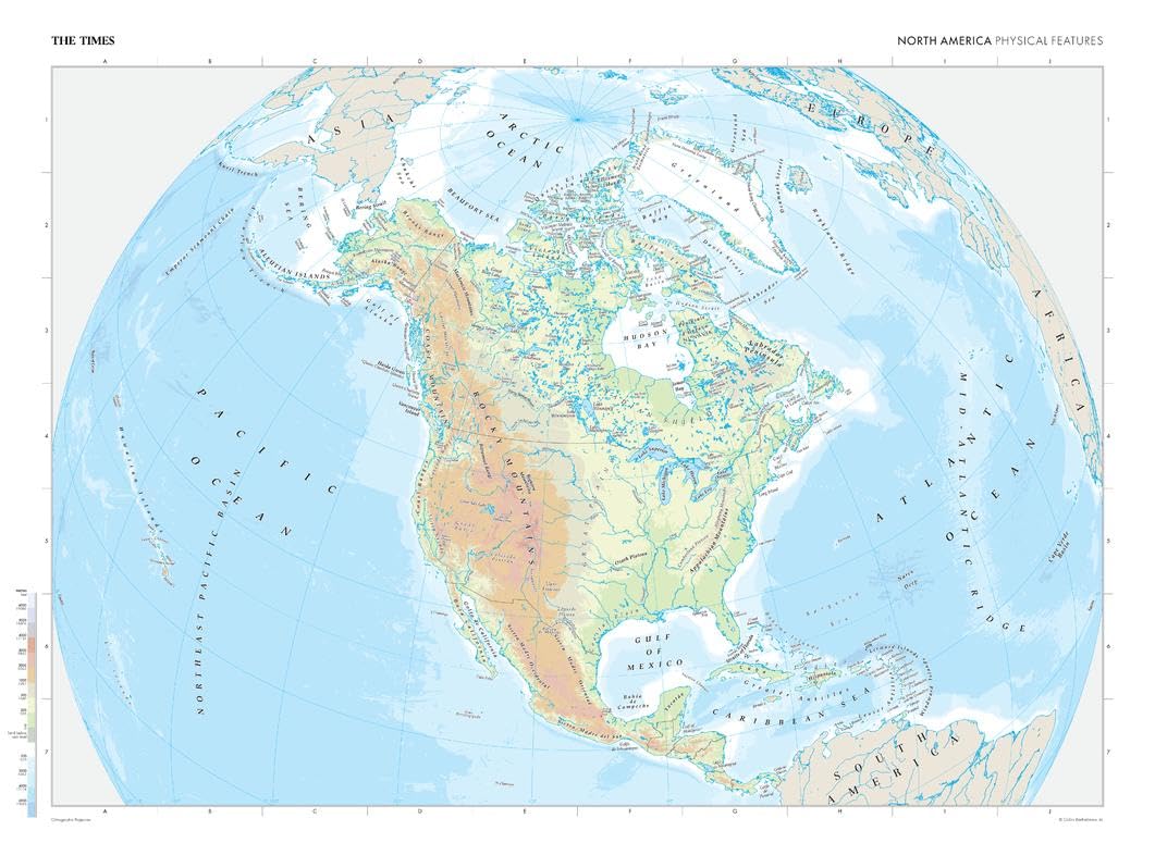 The Times Atlas: Ameryka Północna (cechy fizyczne) - Kompaktowy - Plakat 56 x 41 cm - Laminowanie przednie