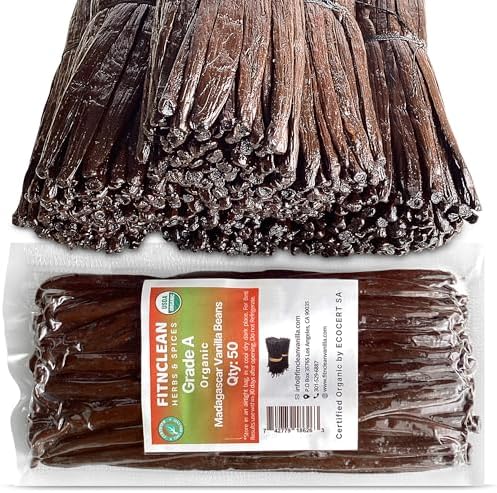 50 Organic Grade A Madagascar Vanilla Beans. Certified USDA Organic for Extract and All Things Vanilla. ~5" by FITNCLEAN VANILLA. Bulk Fresh NON-GMO Pods.