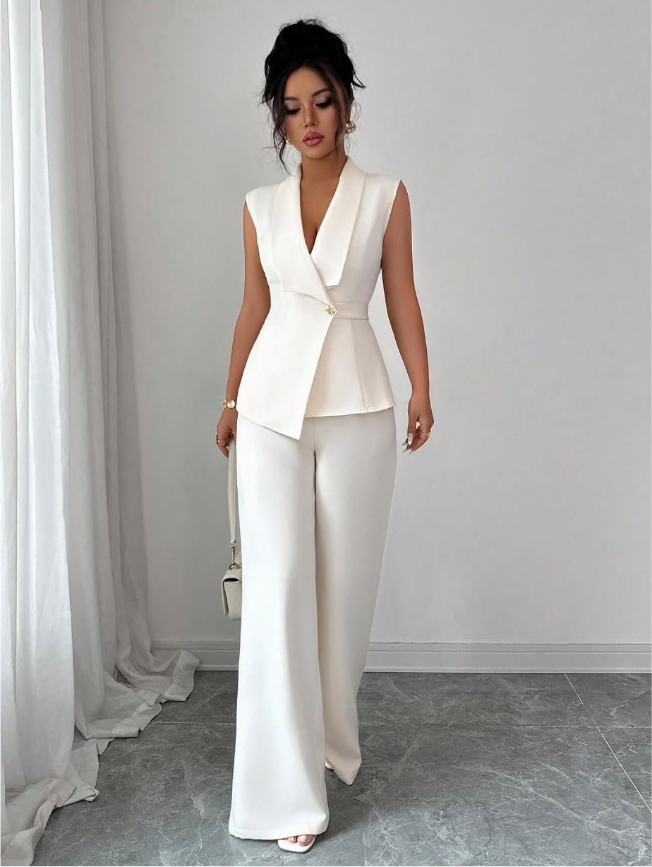 Completo Da Donna A Due Pezzi Elegante, Composto Da Gilet Senza Maniche con Scollo A V, Blazer Vita Alta E Pantaloni Gamba Larga, Set Coordinati Estivi Eleganti E Aderenti Per Lavoro, Uffic