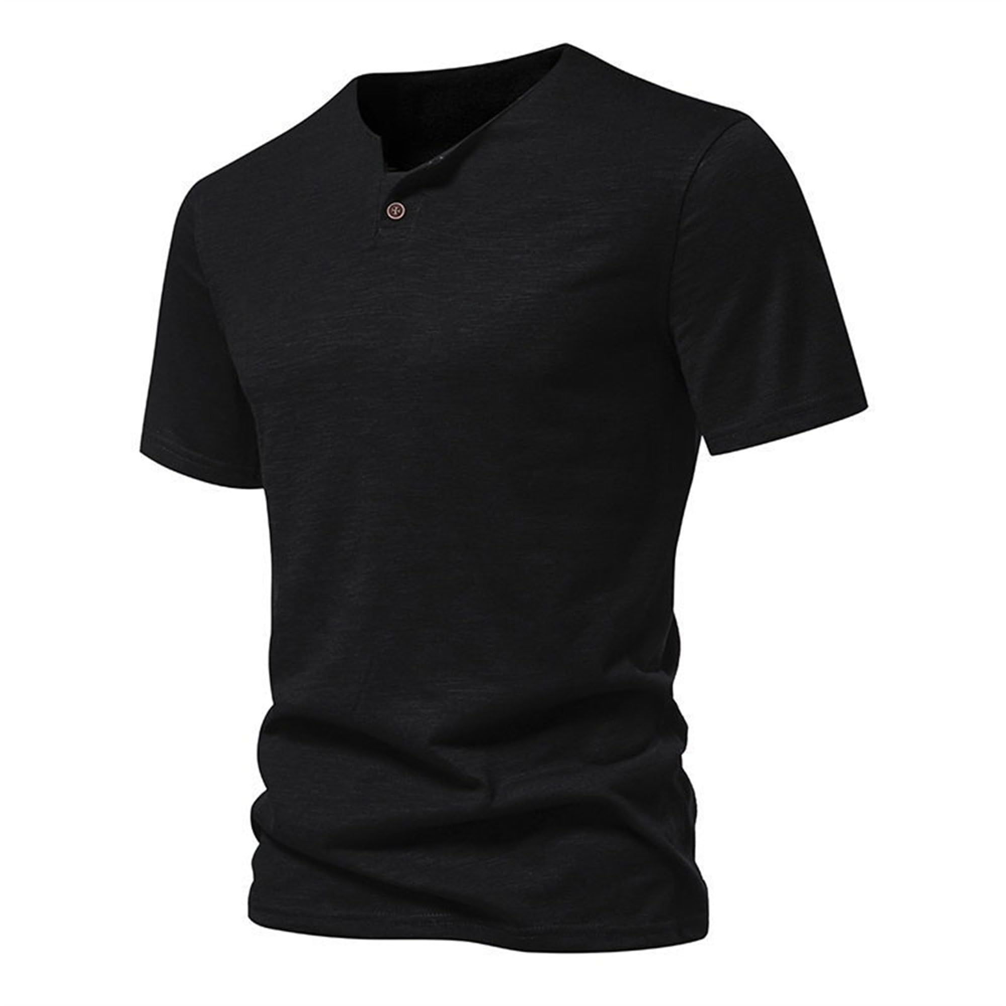 Men Cozy Breathable Button Solid T Shirt Casual Short Sleeve Basic Tees Tops Summer Classic Loose Street Shirts (Black,Large)