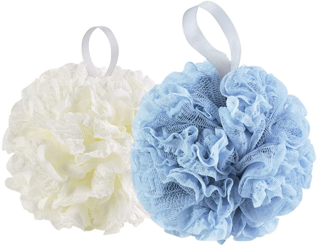 AKAZI Spugna da Bagno Loofahsshower Pouf per Il Lavaggio del Corpo Bagno Essential Rich Bubbles Shower Ball, per Uomo e Donna, Mesh Pouf Bath Sponge 2Pcs White (White And Blue 2pcs)