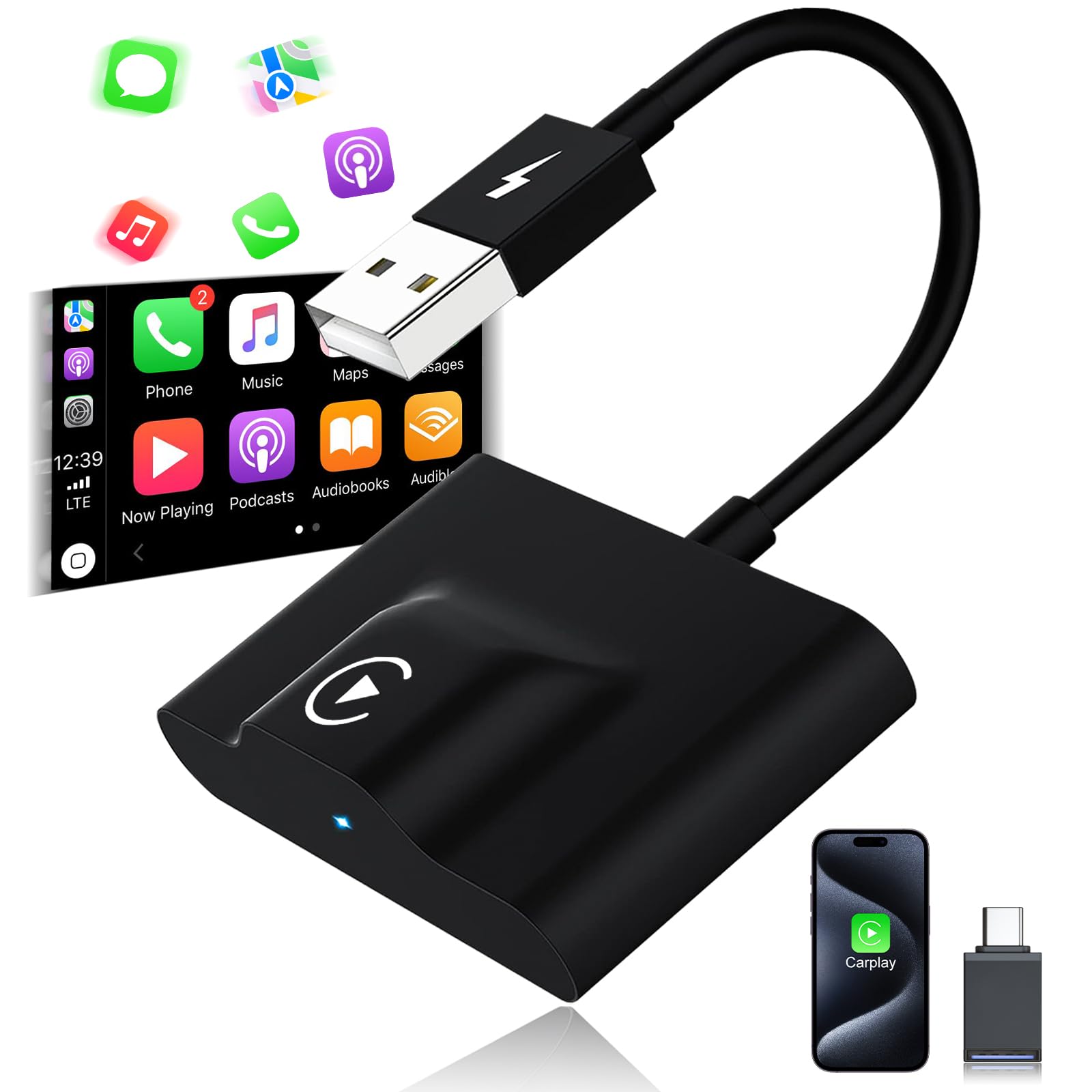 XHU CarPlay Wireless Adapter (2026 Upgrade) – Plug & Play Wireless CarPlay Adapter, 5GHz WiFi, USB-A/C, Kompatibel mit iOS 10+ & 2016+ Autos mit OEM Wired CarPlay
