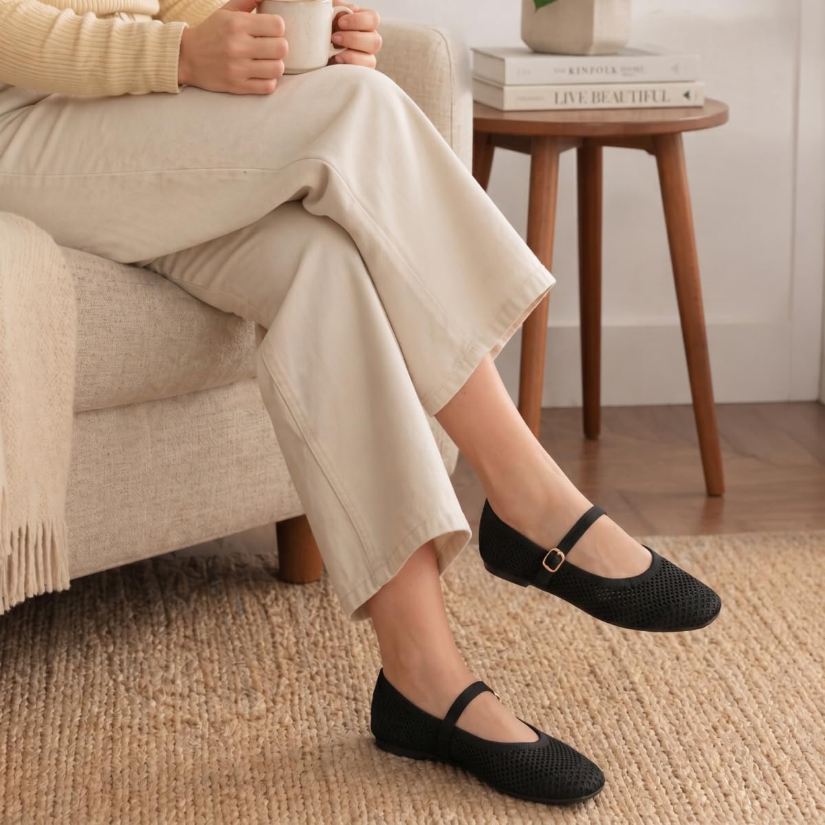 Frank Mully Damen-Freizeitschuhe mit Flacher Sohle quadratische Zehenpartie gestricktes Netzgewebe Flache Komfortschuhe für die Arbeit