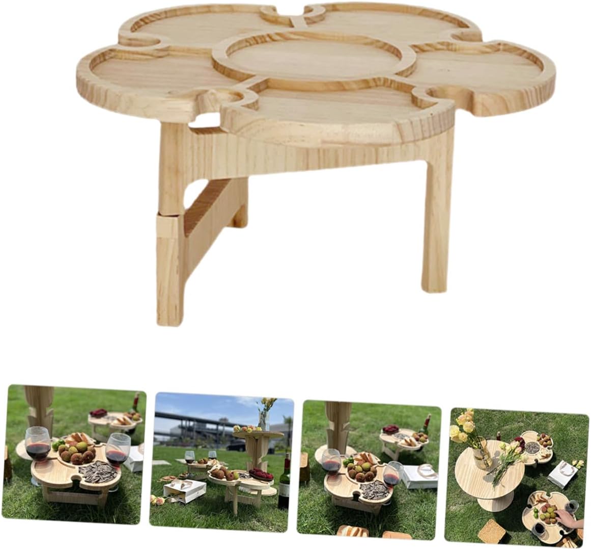 TEHAUX Portable Foldable Picnic Table with Wine Storage Holder, Small Wooden Outdoor Camping Table for BBQ, Beach, and Garden Use, 35cm Diameter Petal-Shaped Tray