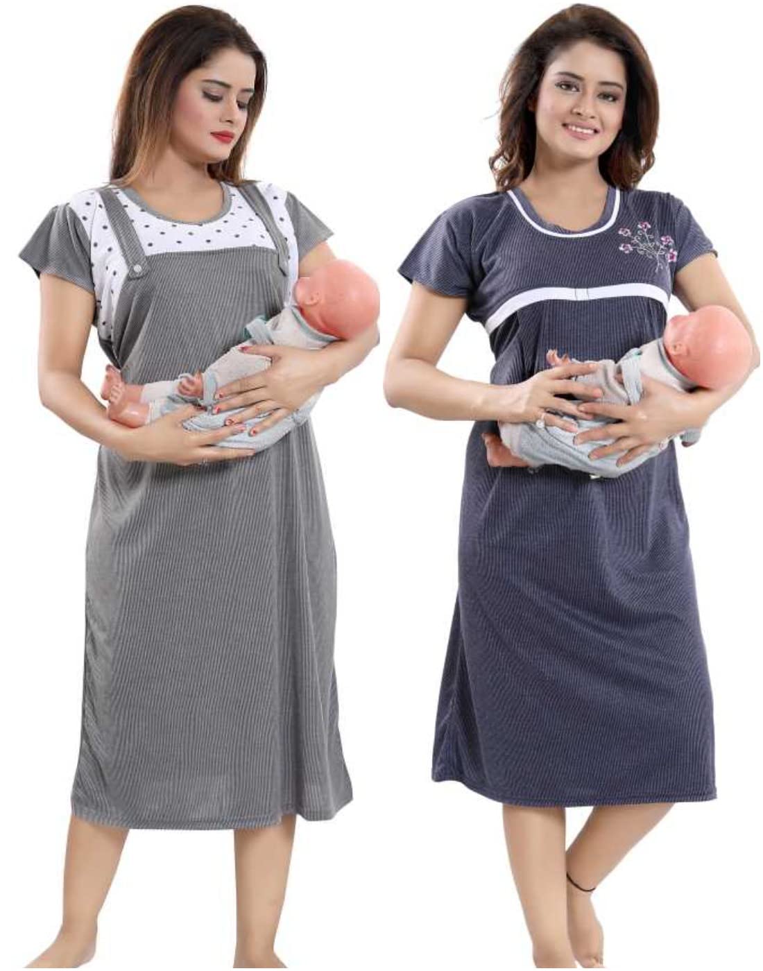 Elady Soft Hosiery Cotton Maternity Short Gown Combo Nursing Feeding Short Nighty Pre and Post Pregnancy with Concealed Zip, Short Length Dots Print - Free Size.