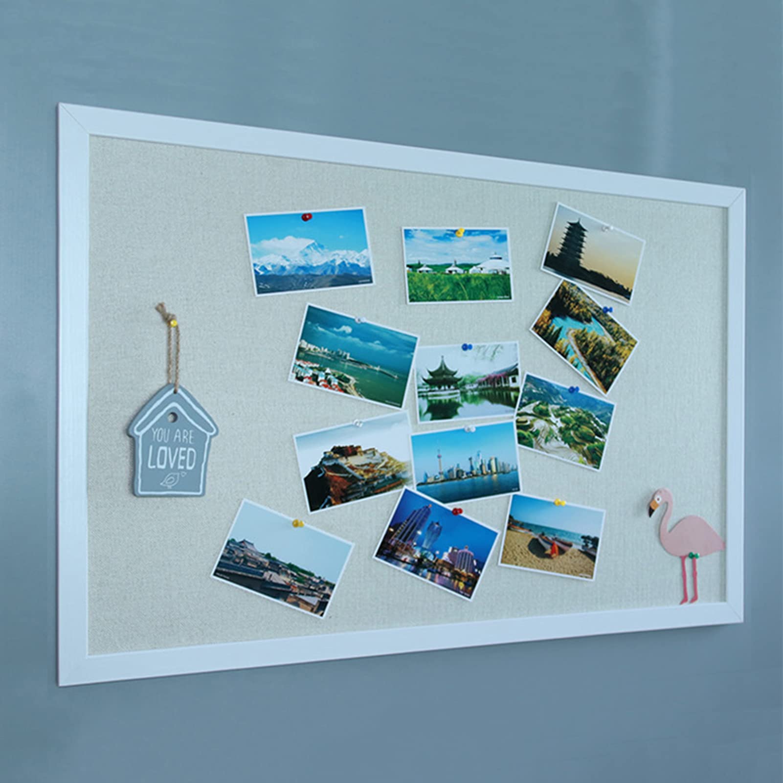 AMKIOKIO Bacheca grande in lino, 50,8 x 76,2 cm, bacheca in sughero per pareti, cornice bianca in stile europeo, bacheca per visione, legno a spillo, ideale per scuola, casa e ufficio