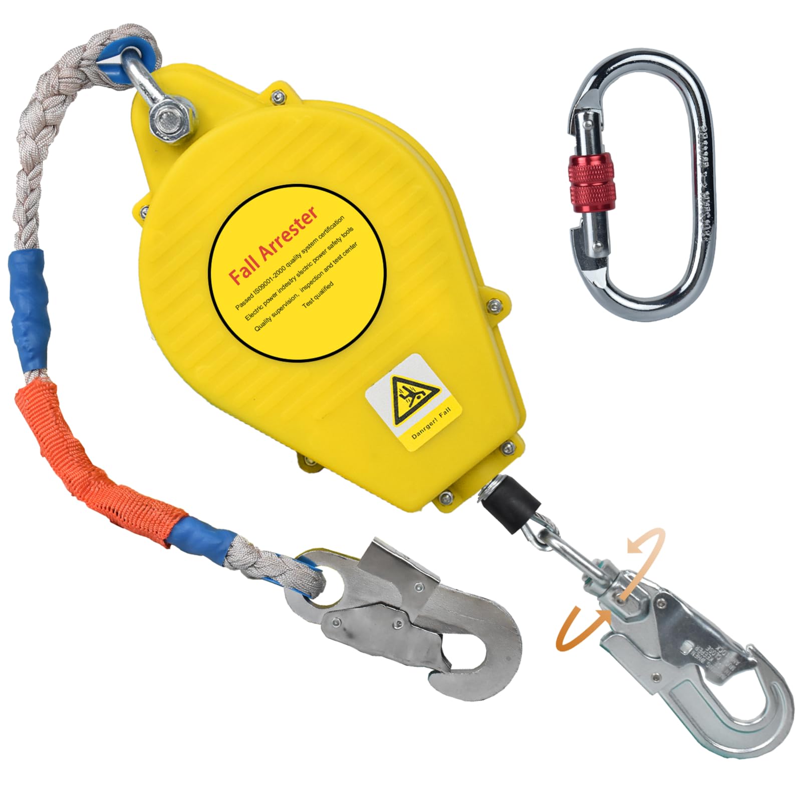 Linea de Vida Retractil Tejado 150kg, Retractil Anticaidas Homologado 10m/15m/20m, Arnes Seguridad Trabajo Altura y Tejado, Dispositivo Anticaida Retractil con Gancho Autoblocante(Amarillo,15m)