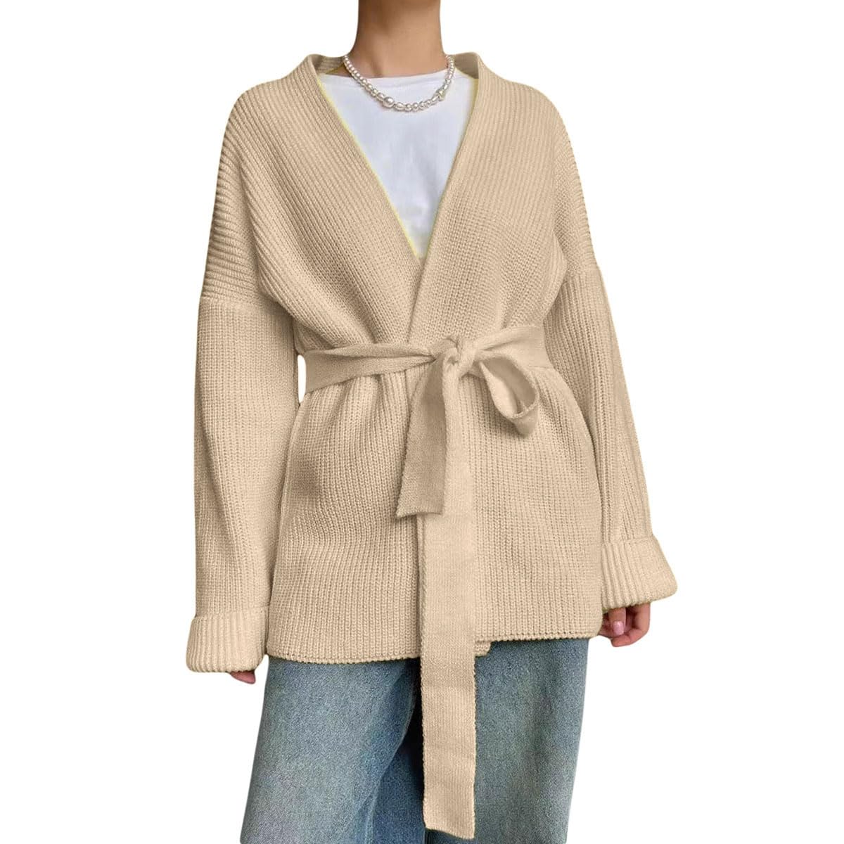 GGUHHU Open Front Cardigan for Women V-Neck Long Sleeve Solid Color Wrap Sweater Coat with Belt
